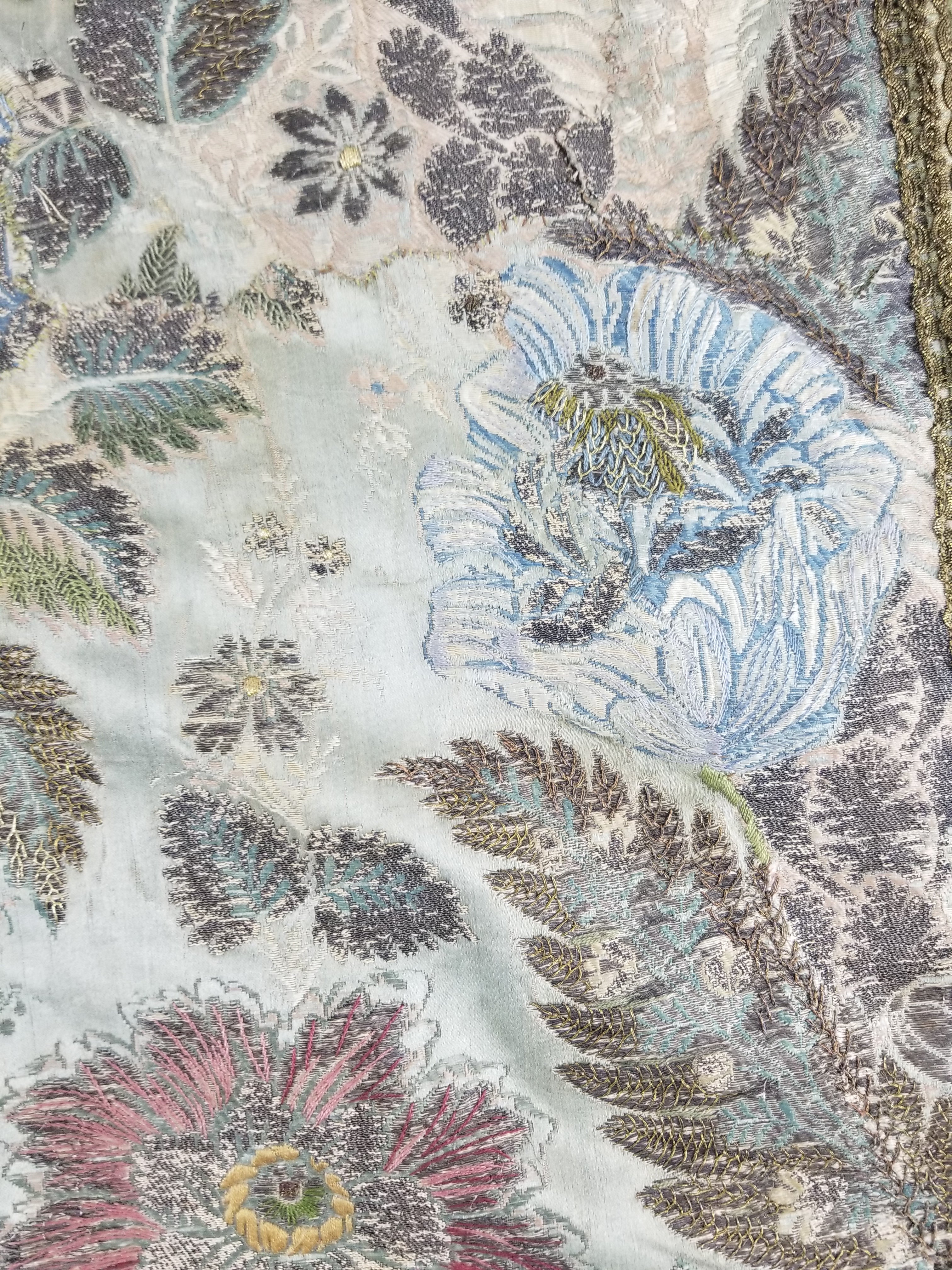 Antique 18thC French Brocade Silver Floral Lampas Fabric 115x112cm