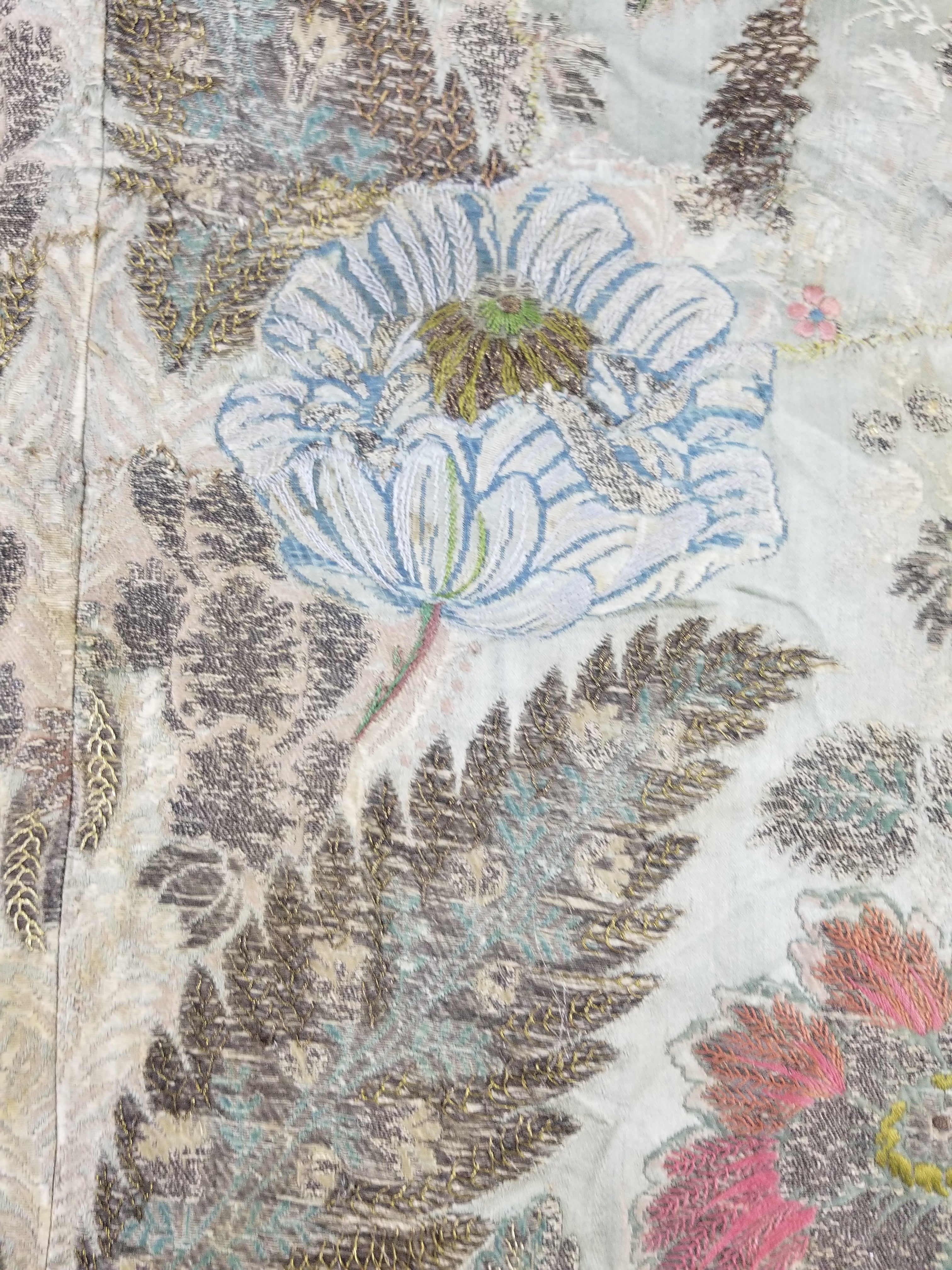 Antique 18thC French Brocade Silver Floral Lampas Fabric 115x112cm