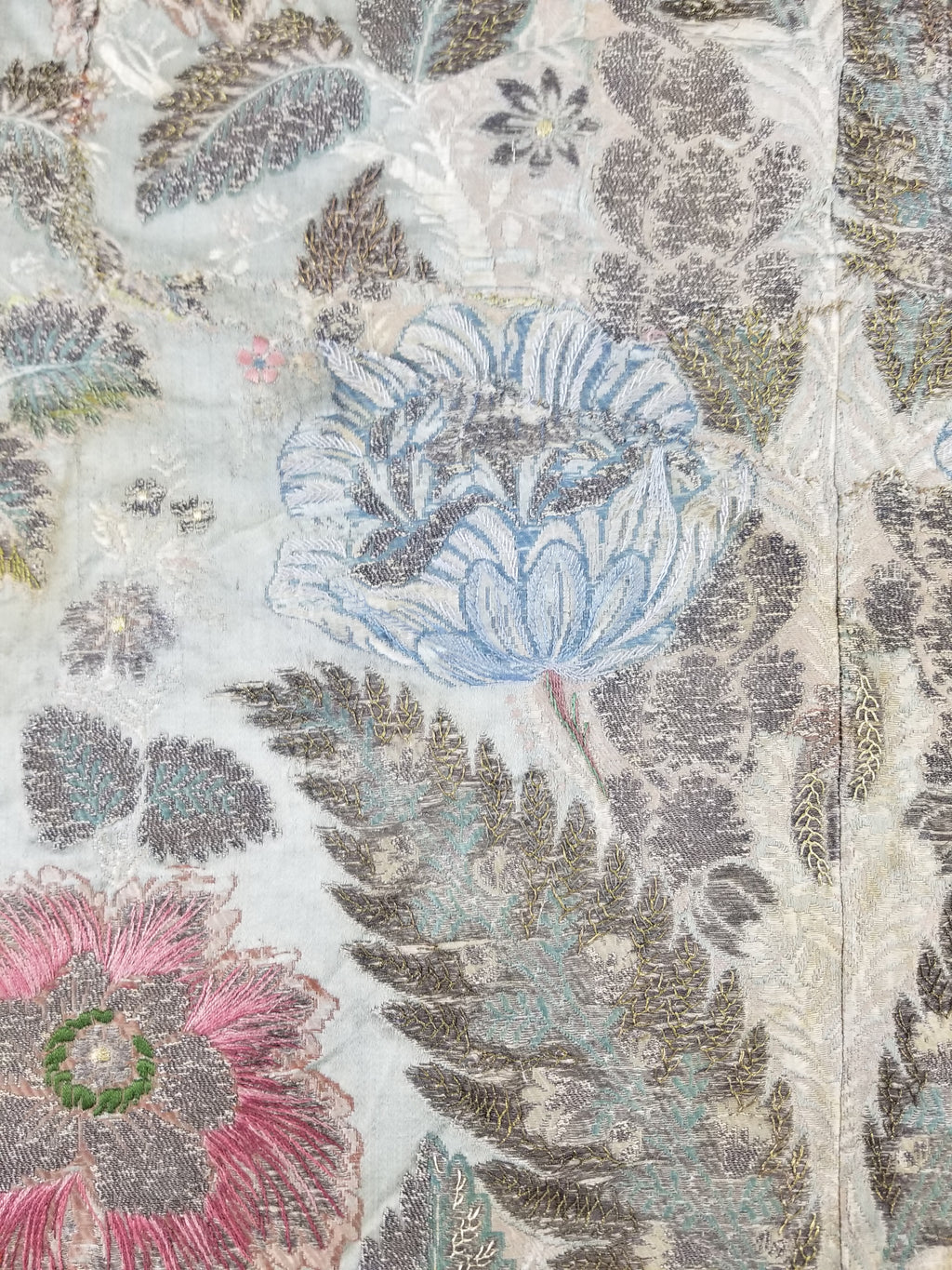 Antique 18thC French Brocade Silver Floral Lampas Fabric 115x112cm