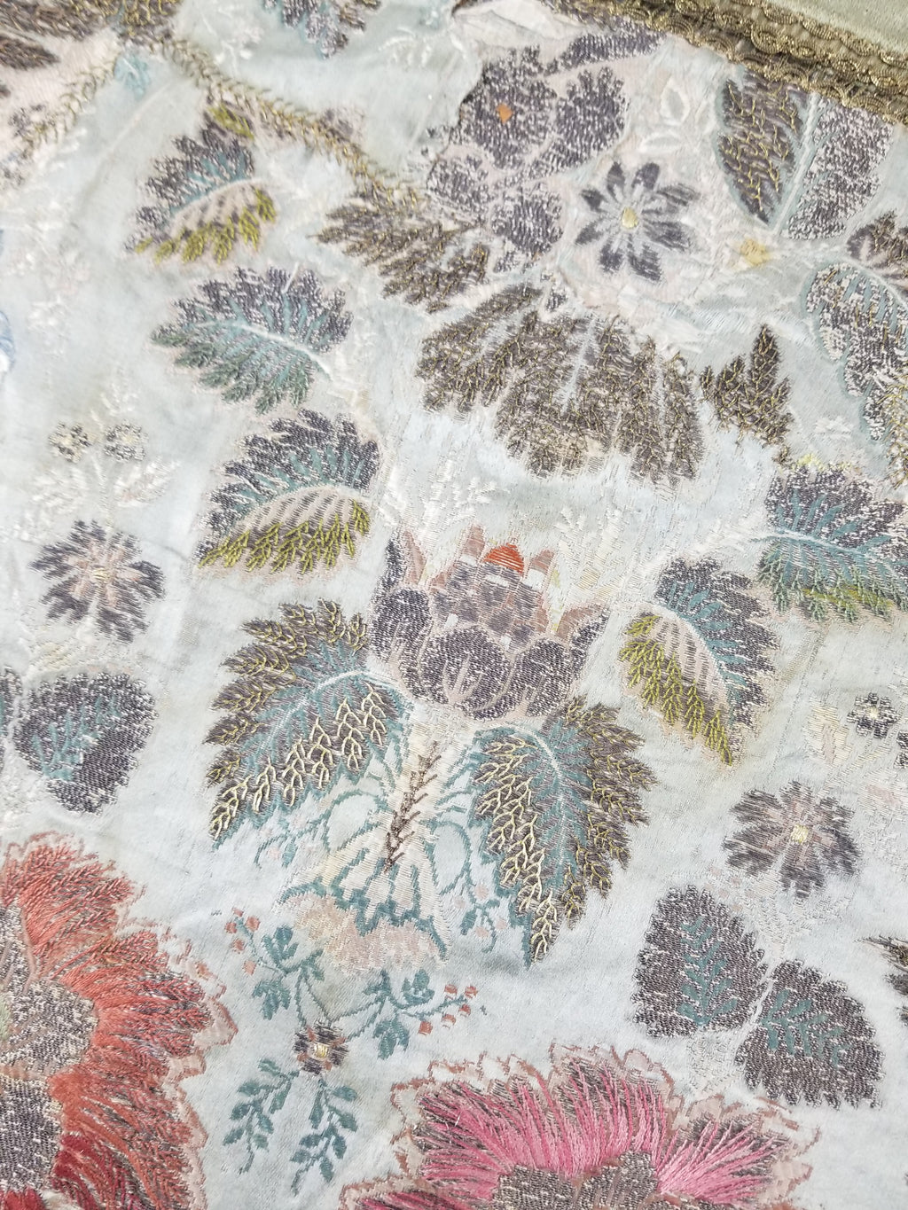 Antique 18thC French Brocade Silver Floral Lampas Fabric 115x112cm