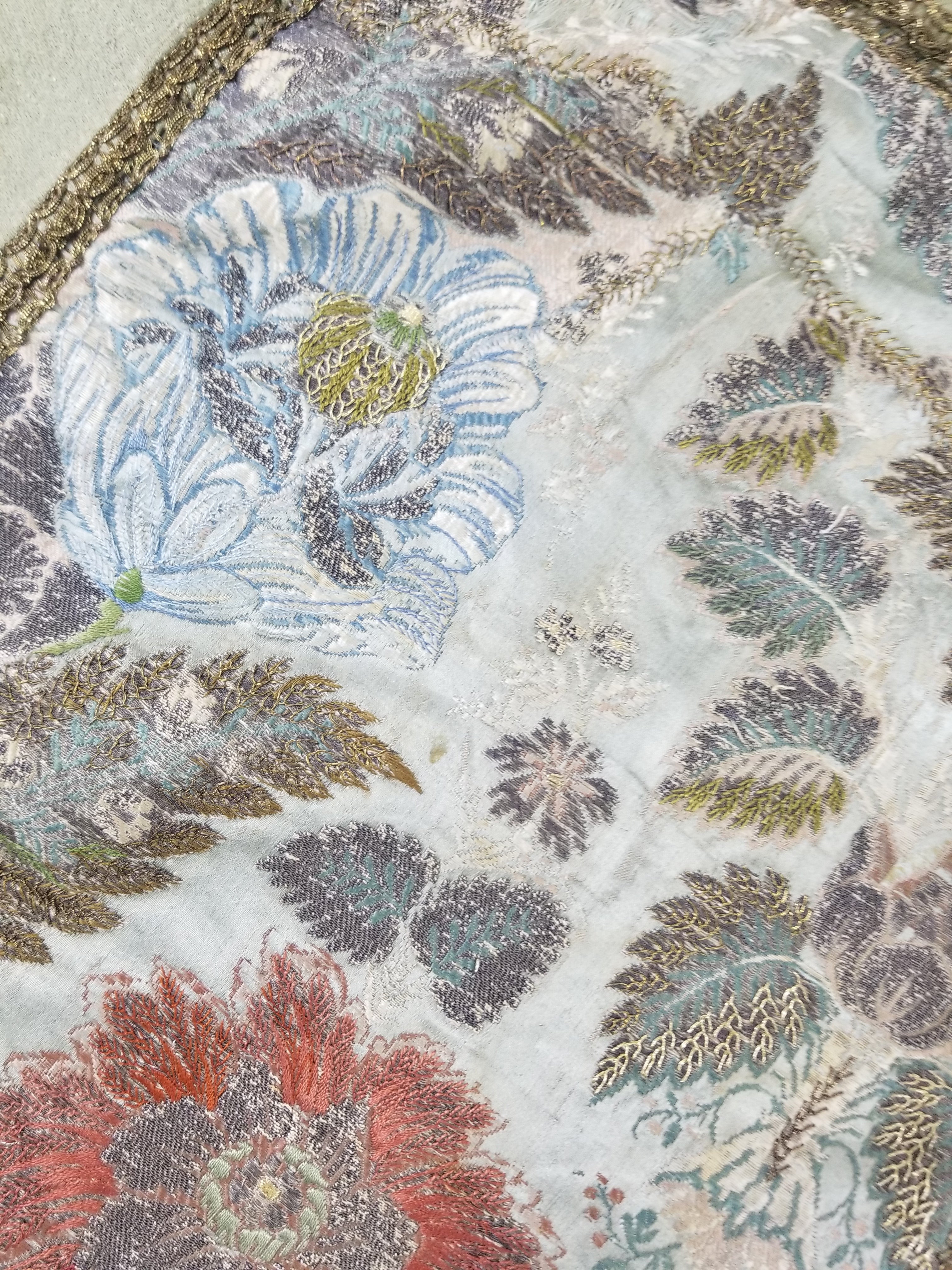 Antique 18thC French Brocade Silver Floral Lampas Fabric 115x112cm