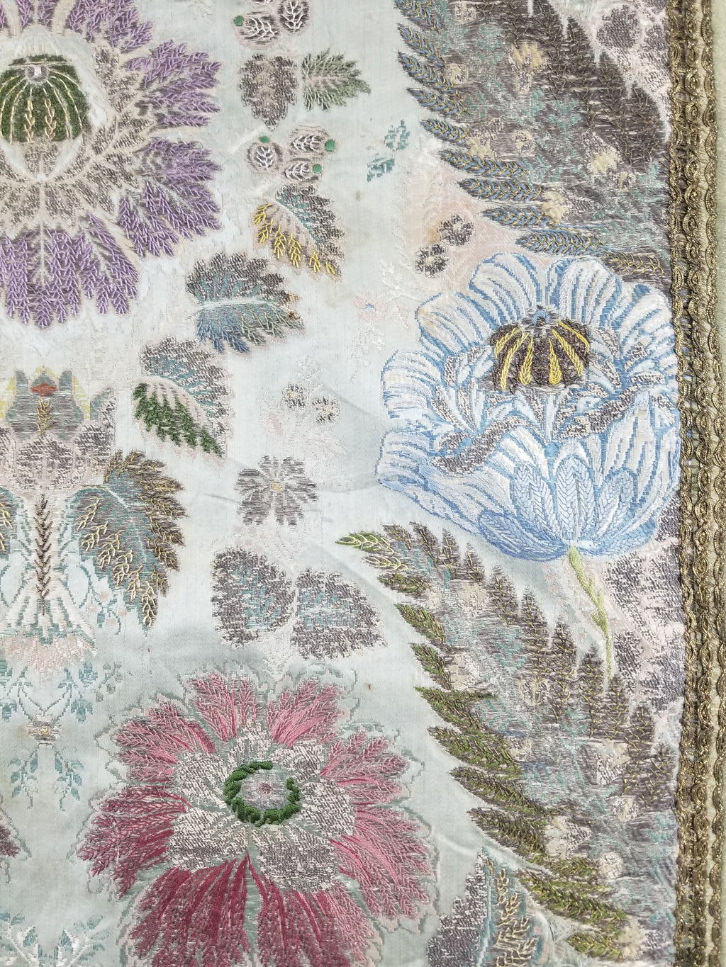 Antique 18thC French Brocade Silver Floral Lampas Fabric 115x112cm