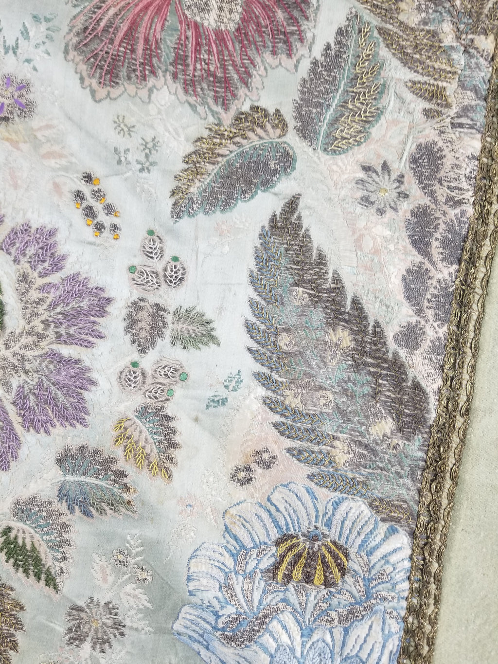 Antique 18thC French Brocade Silver Floral Lampas Fabric 115x112cm