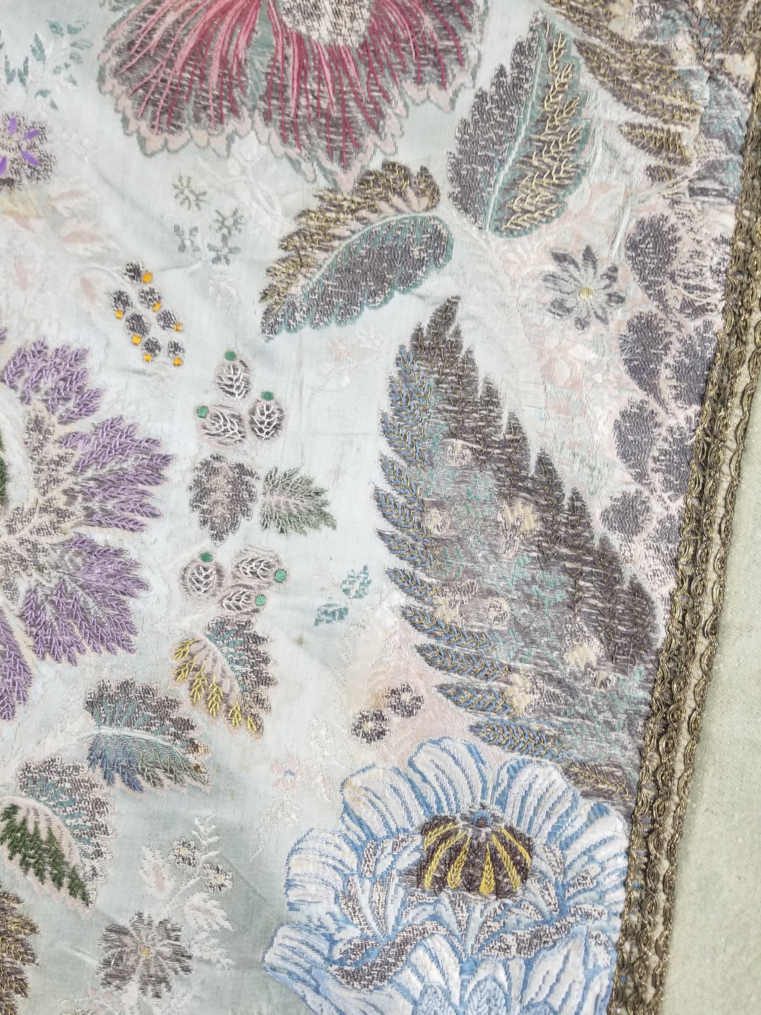 Antique 18thC French Brocade Silver Floral Lampas Fabric 115x112cm