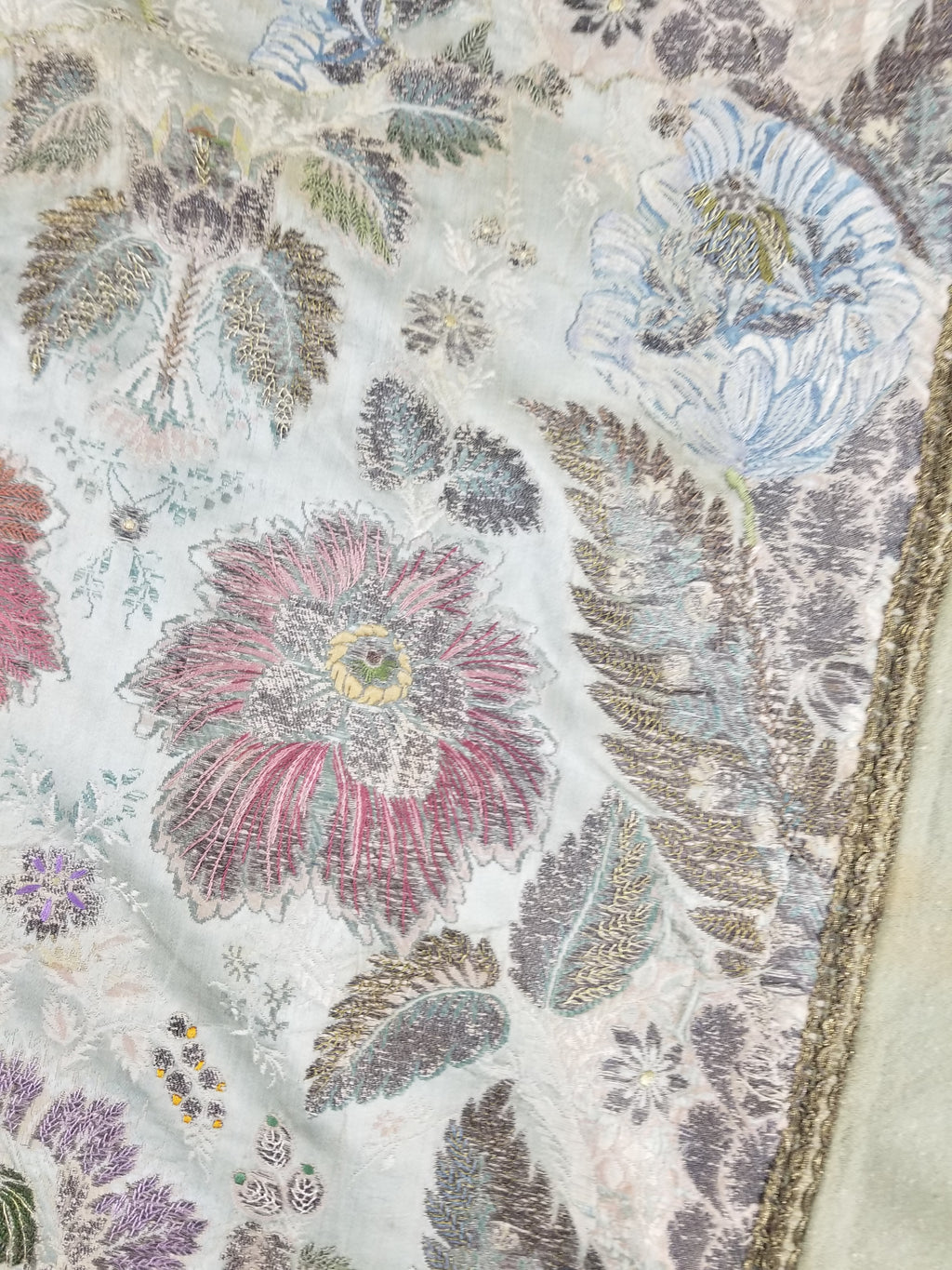 Antique 18thC French Brocade Silver Floral Lampas Fabric 115x112cm