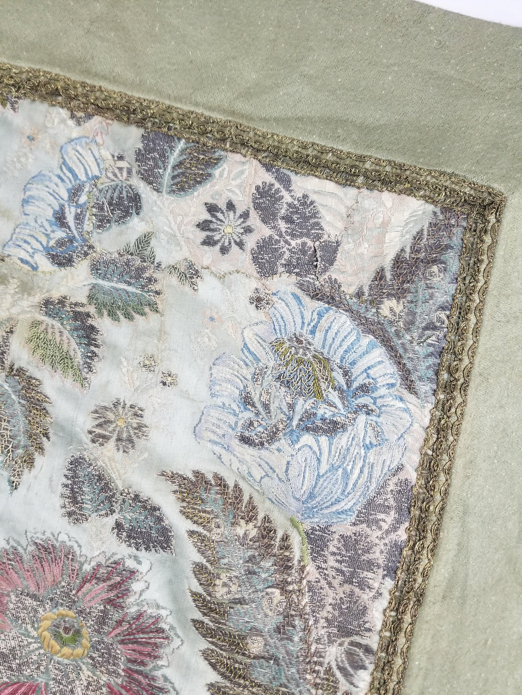 Antique 18thC French Brocade Silver Floral Lampas Fabric 115x112cm