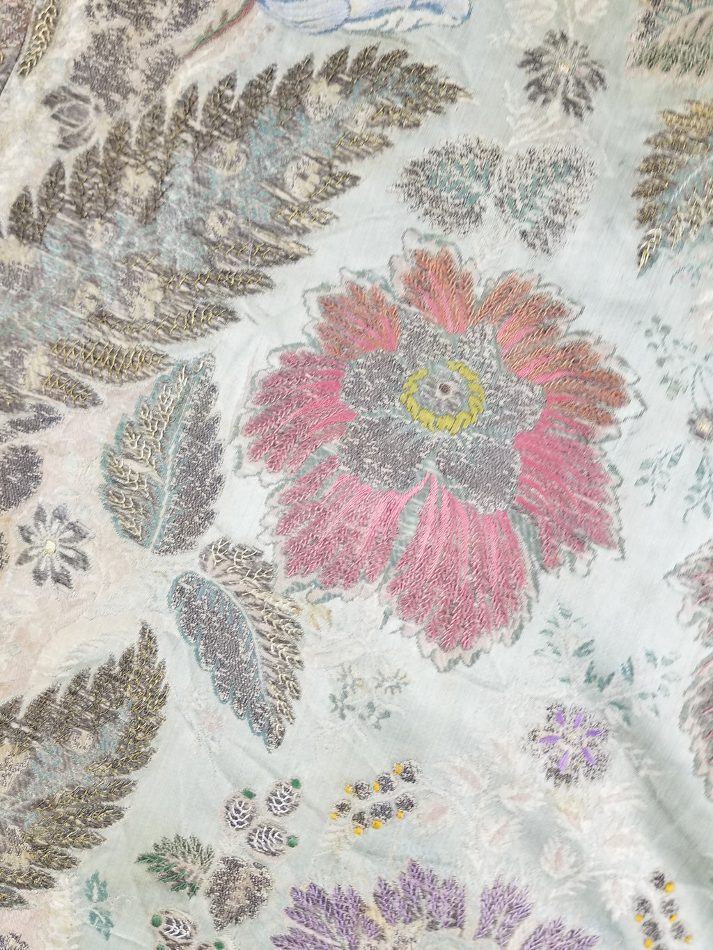 Antique 18thC French Brocade Silver Floral Lampas Fabric 115x112cm