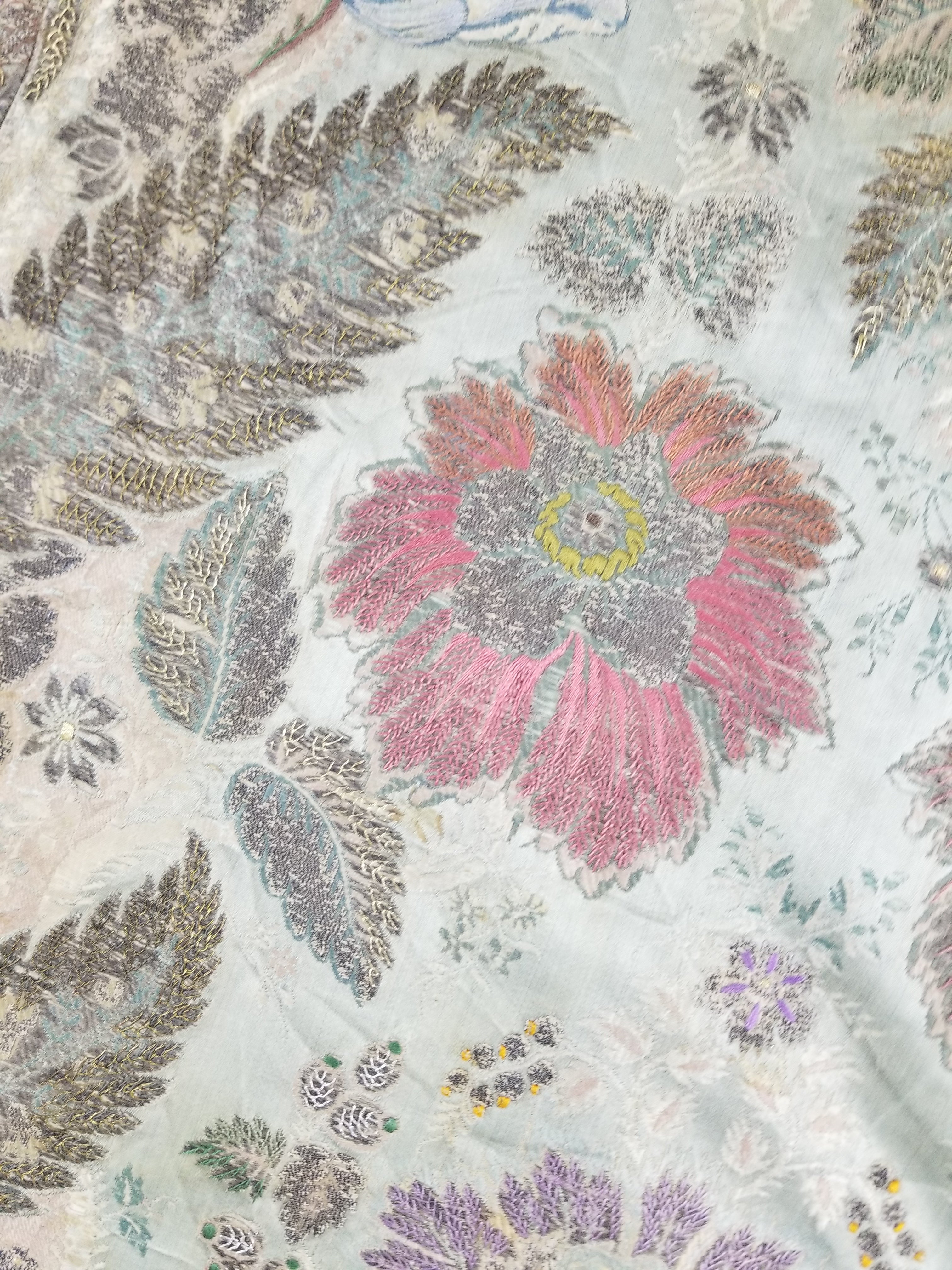 Antique 18thC French Brocade Silver Floral Lampas Fabric 115x112cm