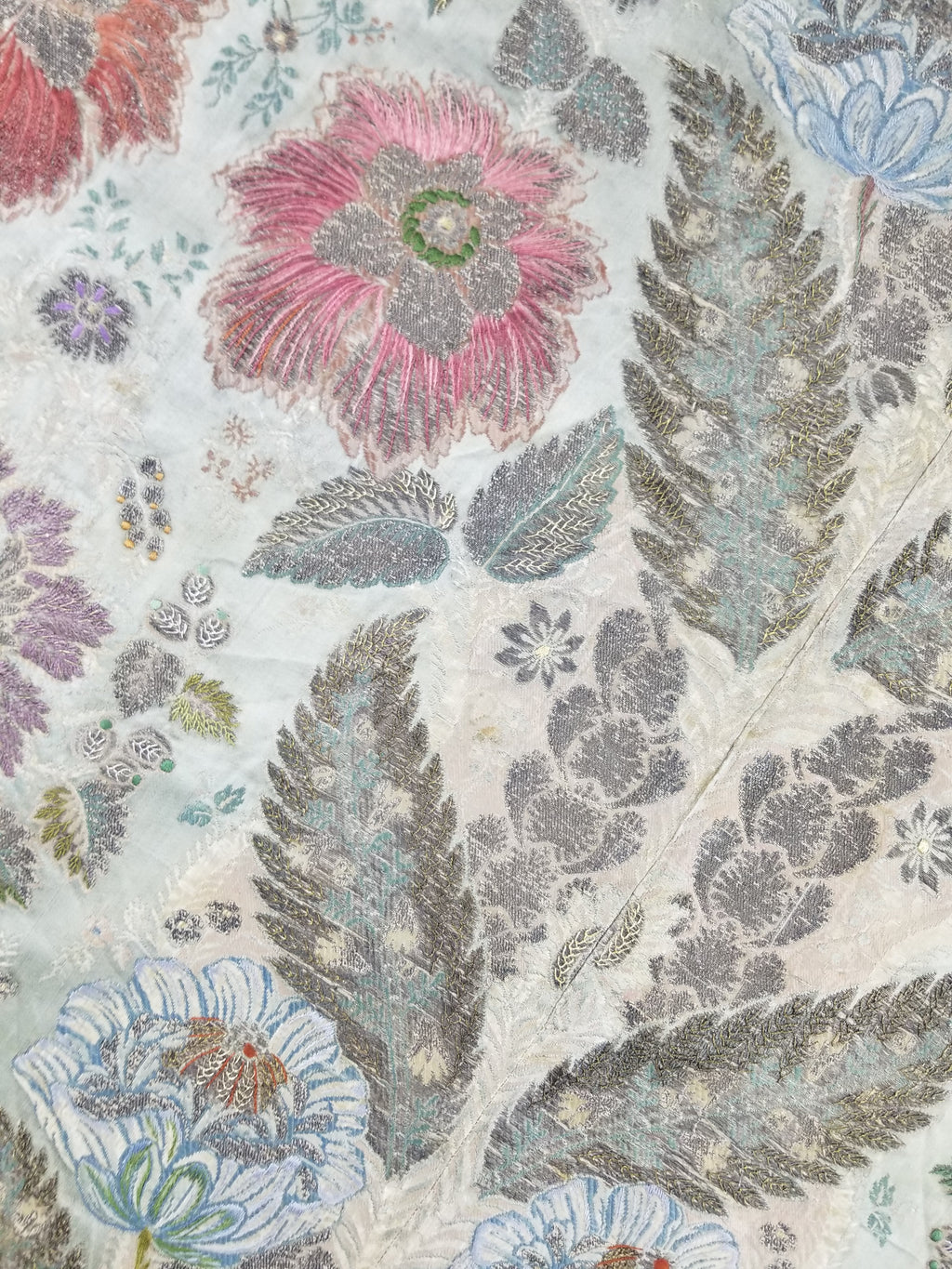 Antique 18thC French Brocade Silver Floral Lampas Fabric 115x112cm