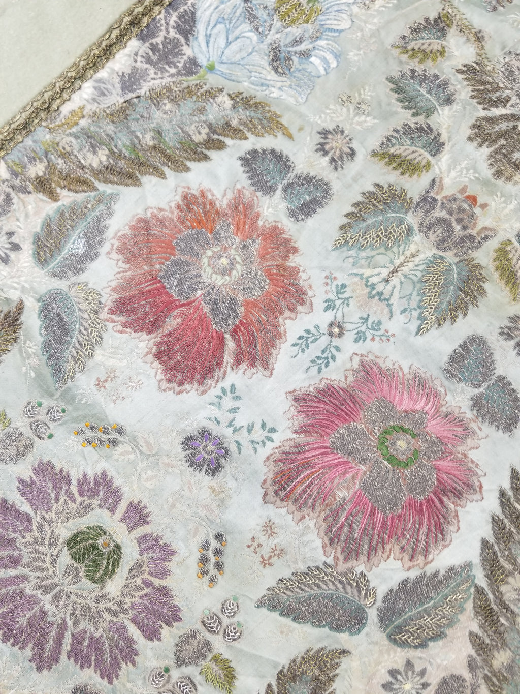 Antique 18thC French Brocade Silver Floral Lampas Fabric 115x112cm