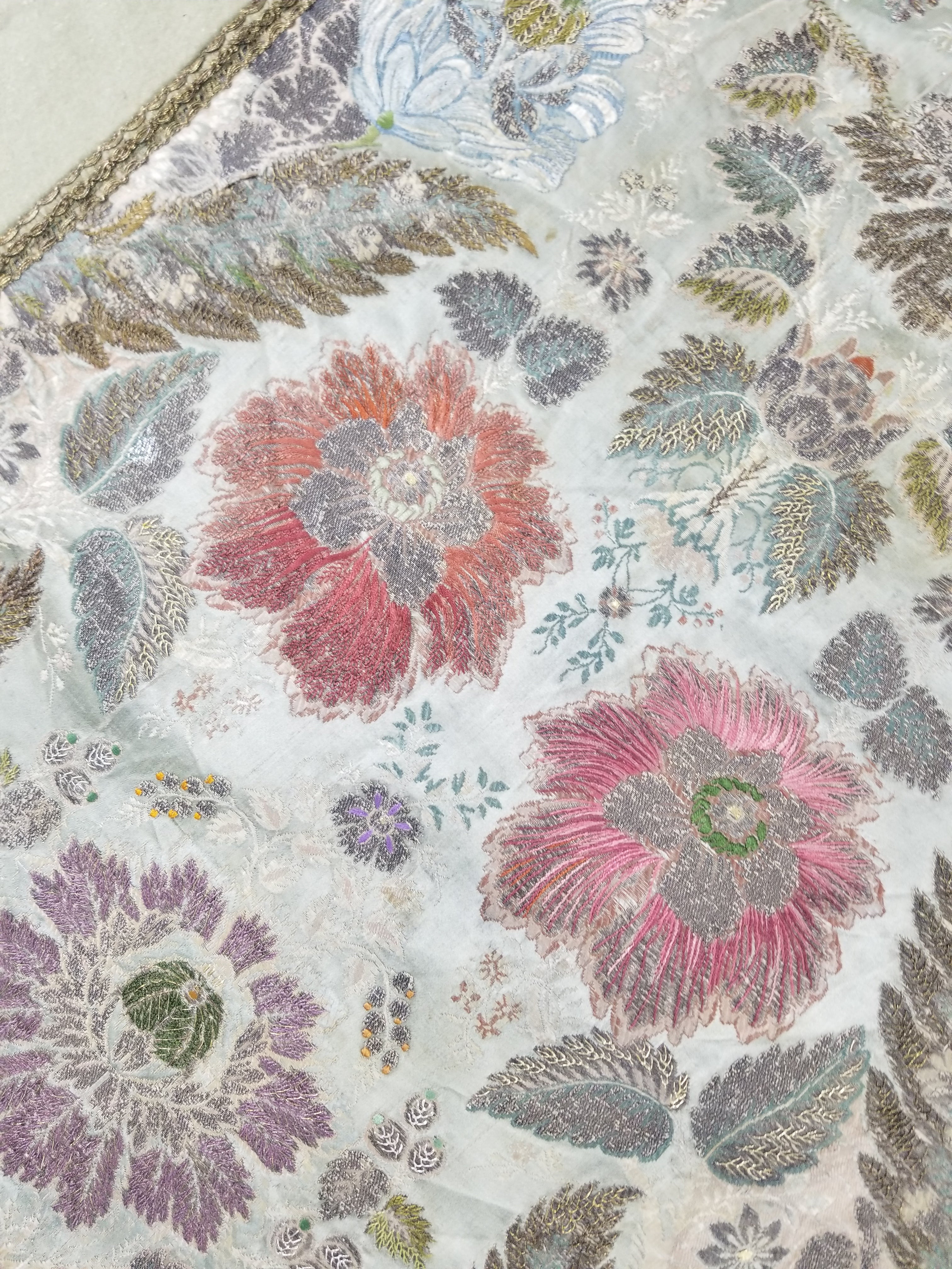 Antique 18thC French Brocade Silver Floral Lampas Fabric 115x112cm