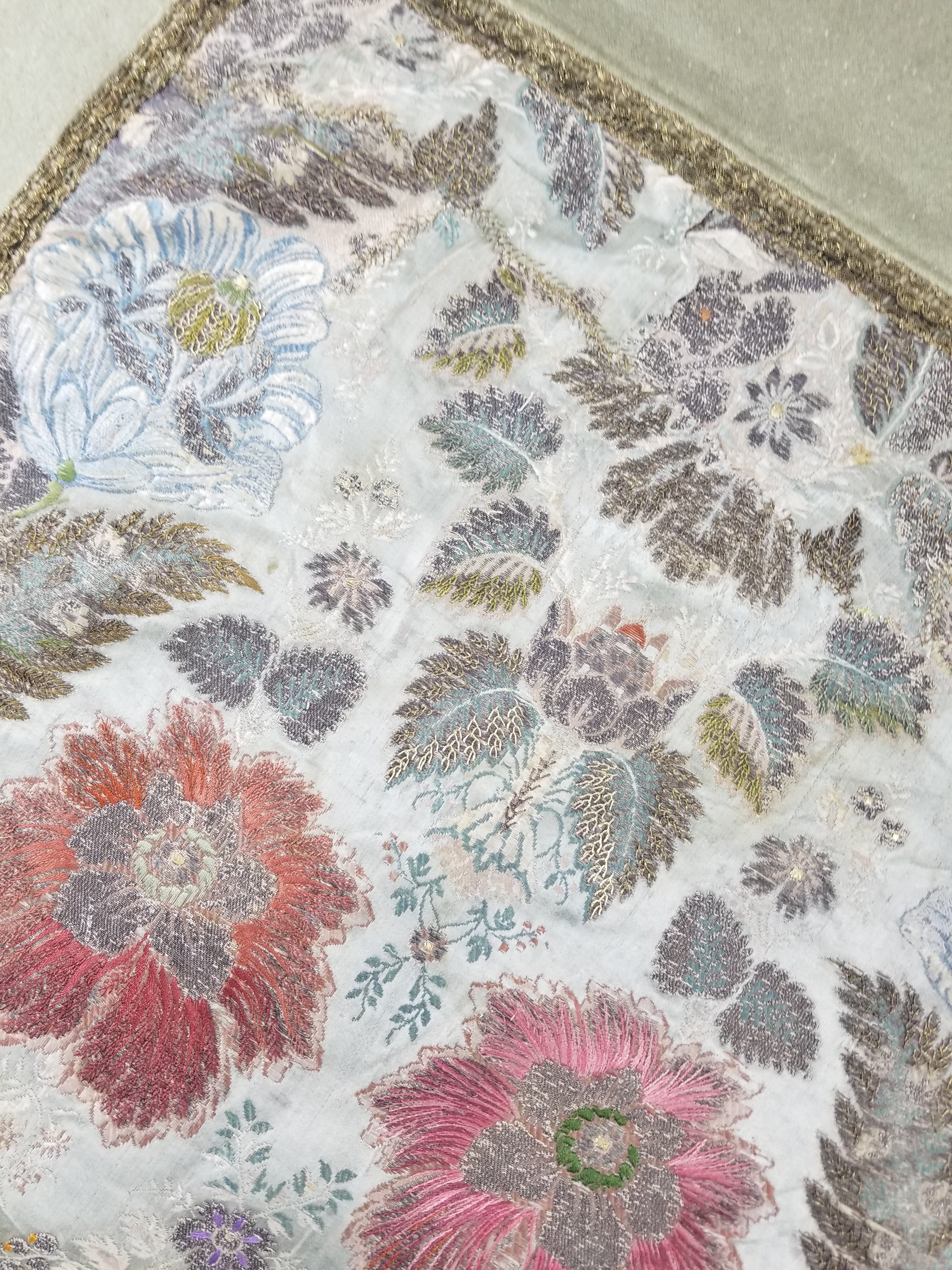 Antique 18thC French Brocade Silver Floral Lampas Fabric 115x112cm