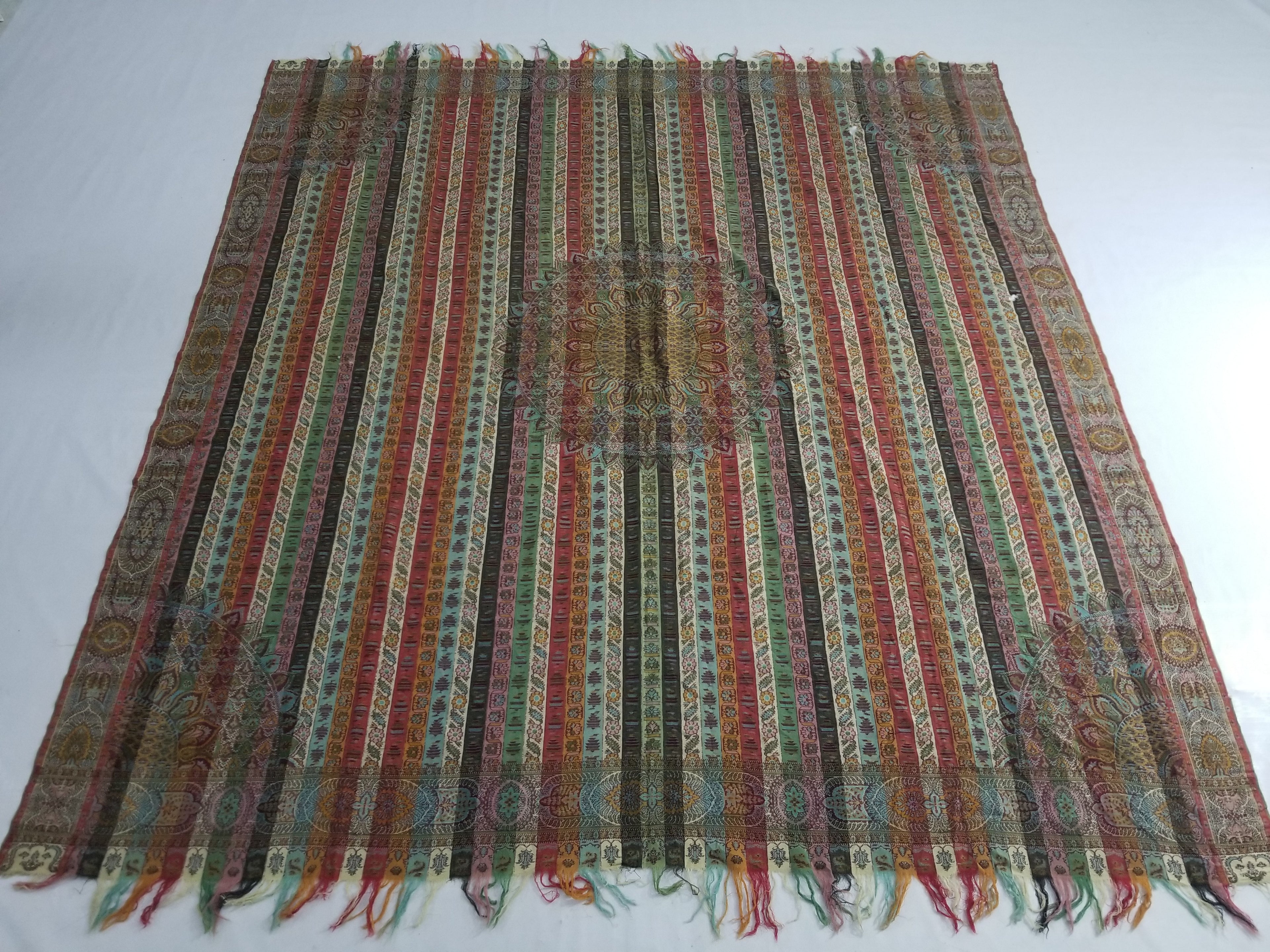 Vintage Multicolor Paisley Striped Shawl with Medallion Motif & Fringe Edges 175x165cm