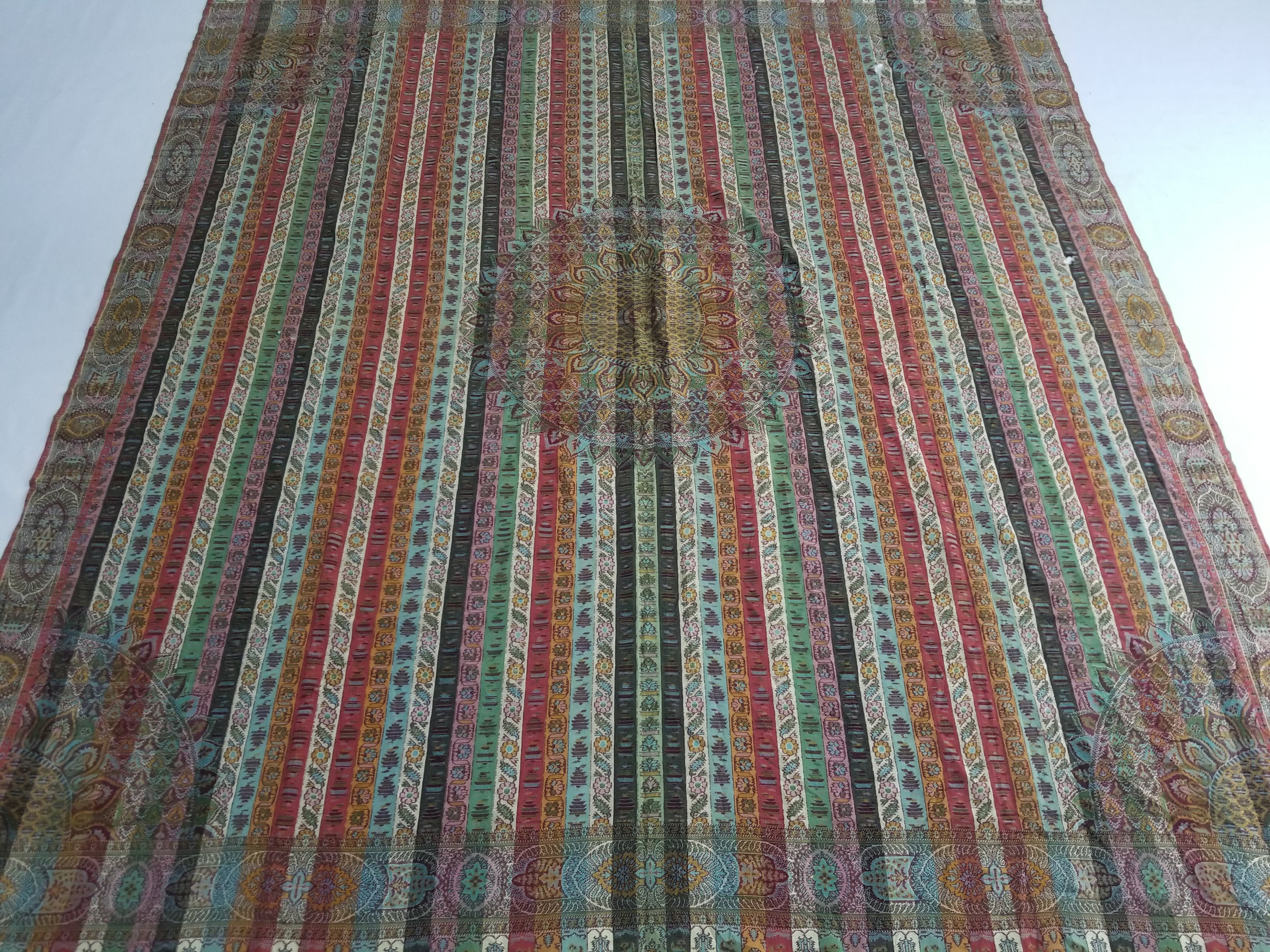 Vintage Multicolor Paisley Striped Shawl with Medallion Motif & Fringe Edges 175x165cm