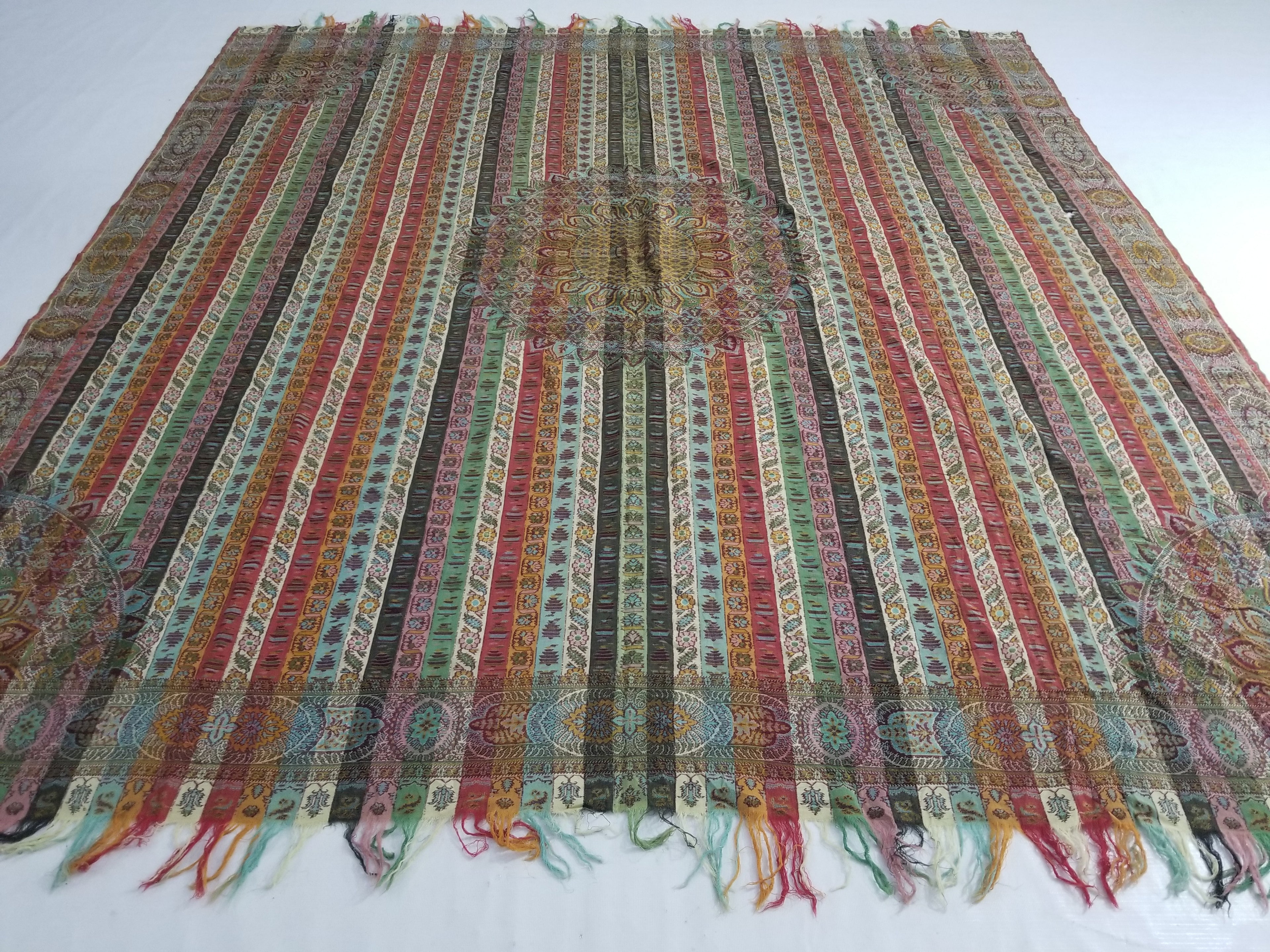 Vintage Multicolor Paisley Striped Shawl with Medallion Motif & Fringe Edges 175x165cm