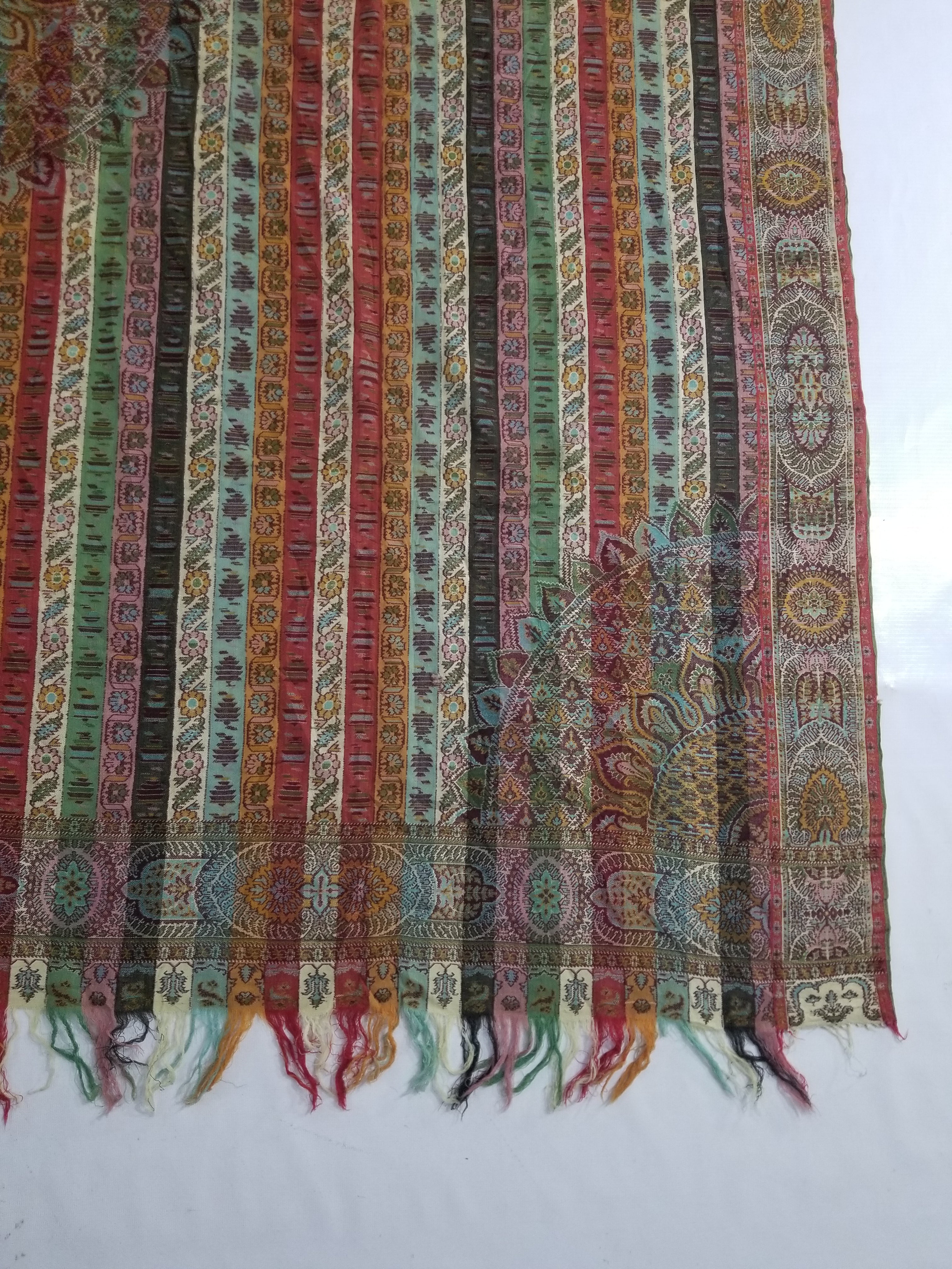 Vintage Multicolor Paisley Striped Shawl with Medallion Motif & Fringe Edges 175x165cm