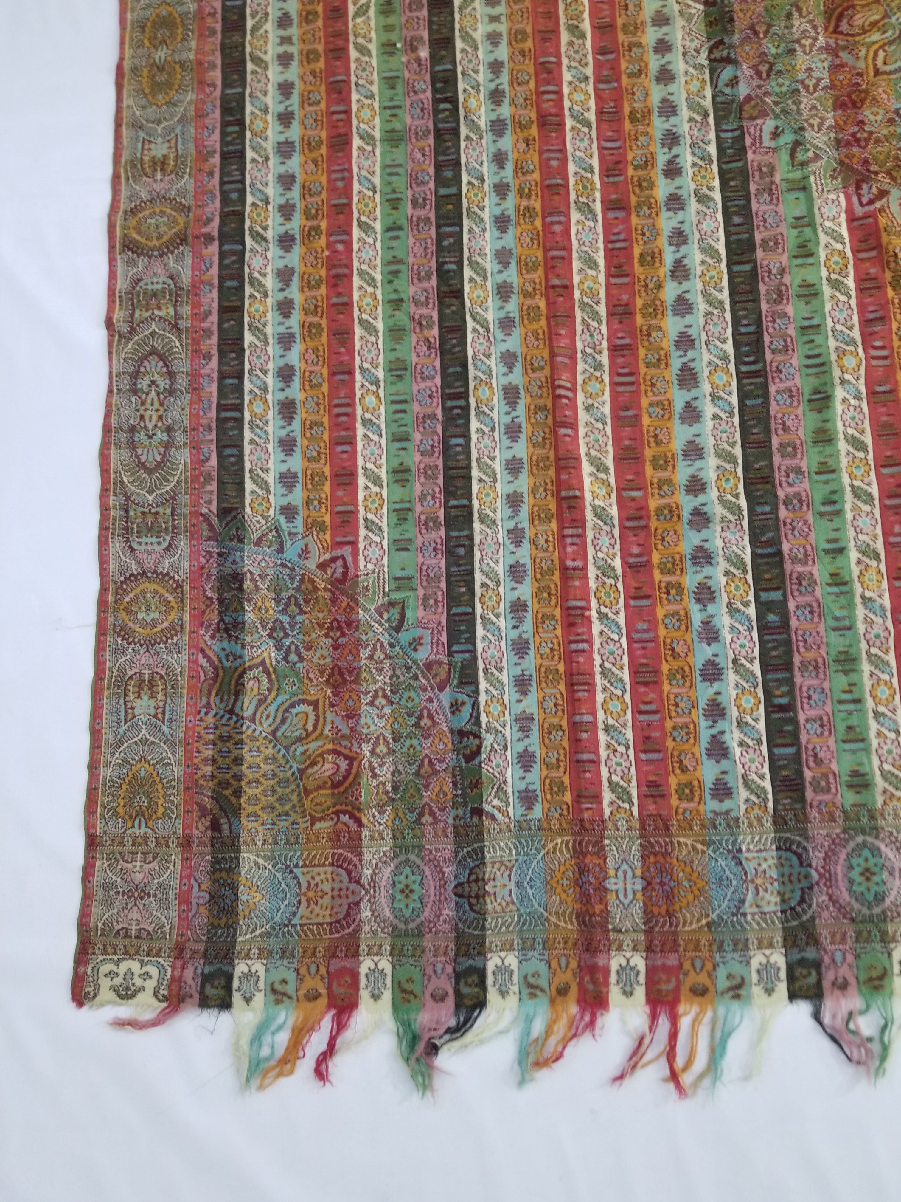 Vintage Multicolor Paisley Striped Shawl with Medallion Motif & Fringe Edges 175x165cm