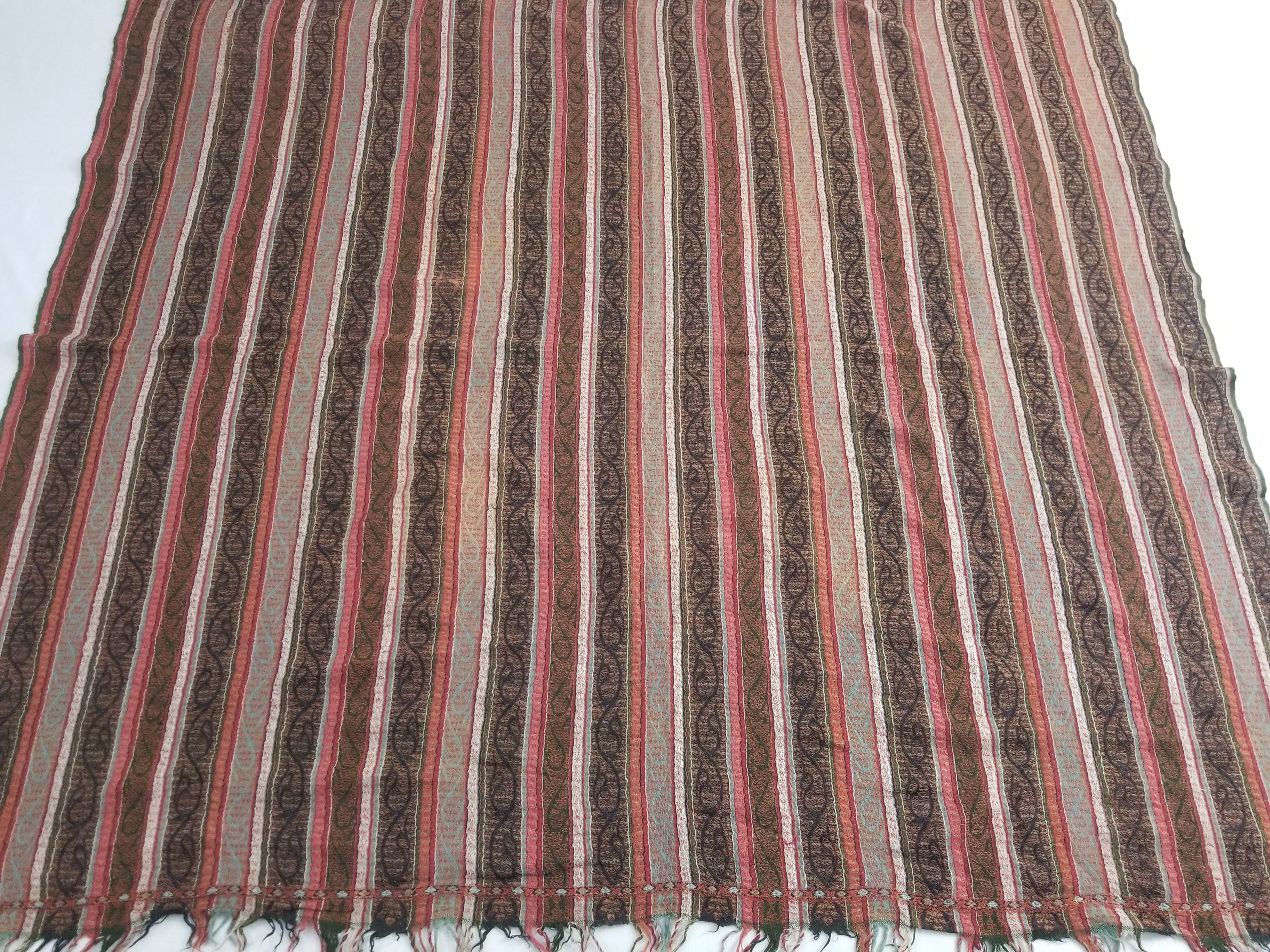 Vintage Traditional Earth Tone Striped Paisley Shawl with Fringe Edges 140x123cm