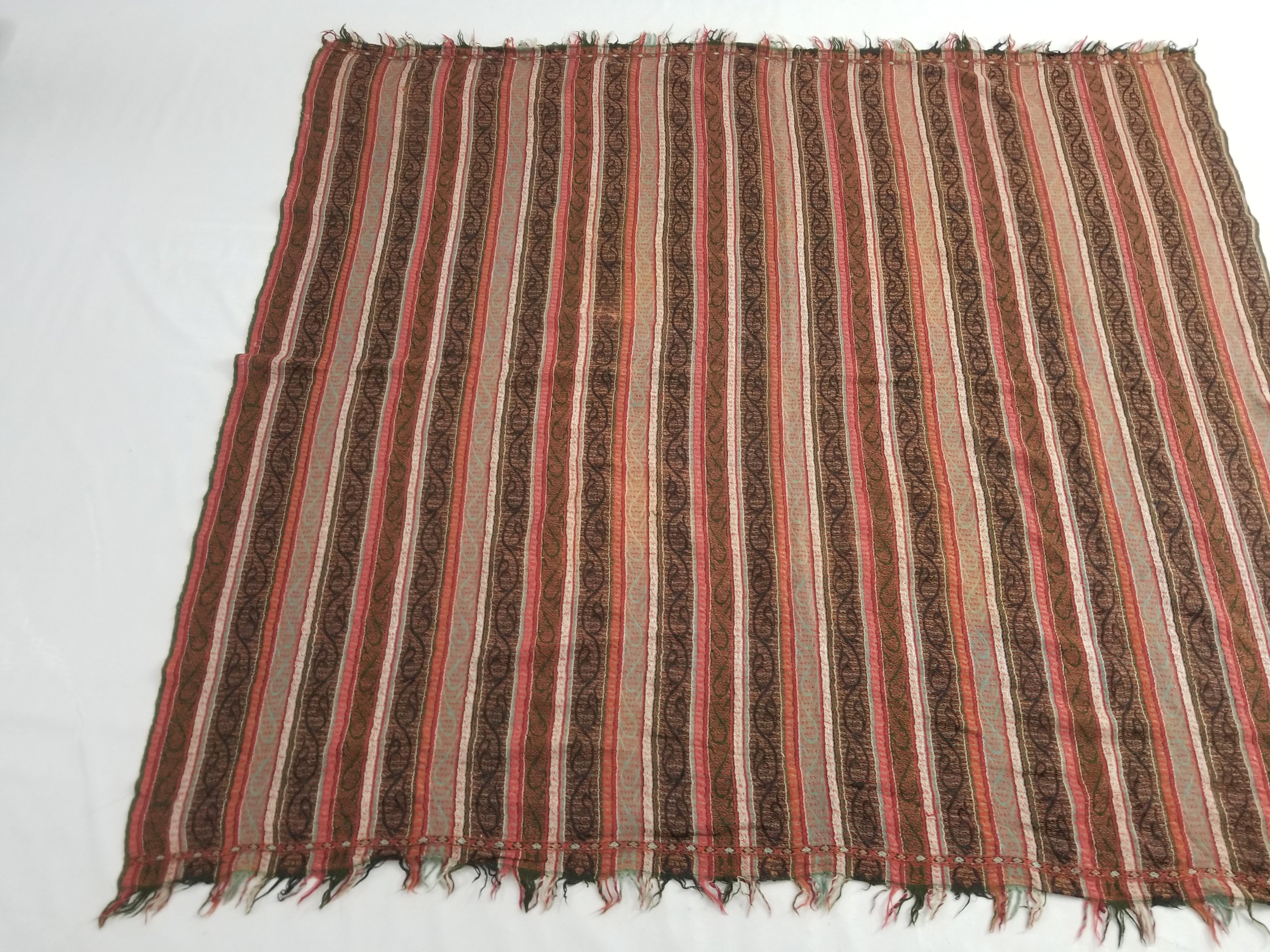 Vintage Traditional Earth Tone Striped Paisley Shawl with Fringe Edges 140x123cm