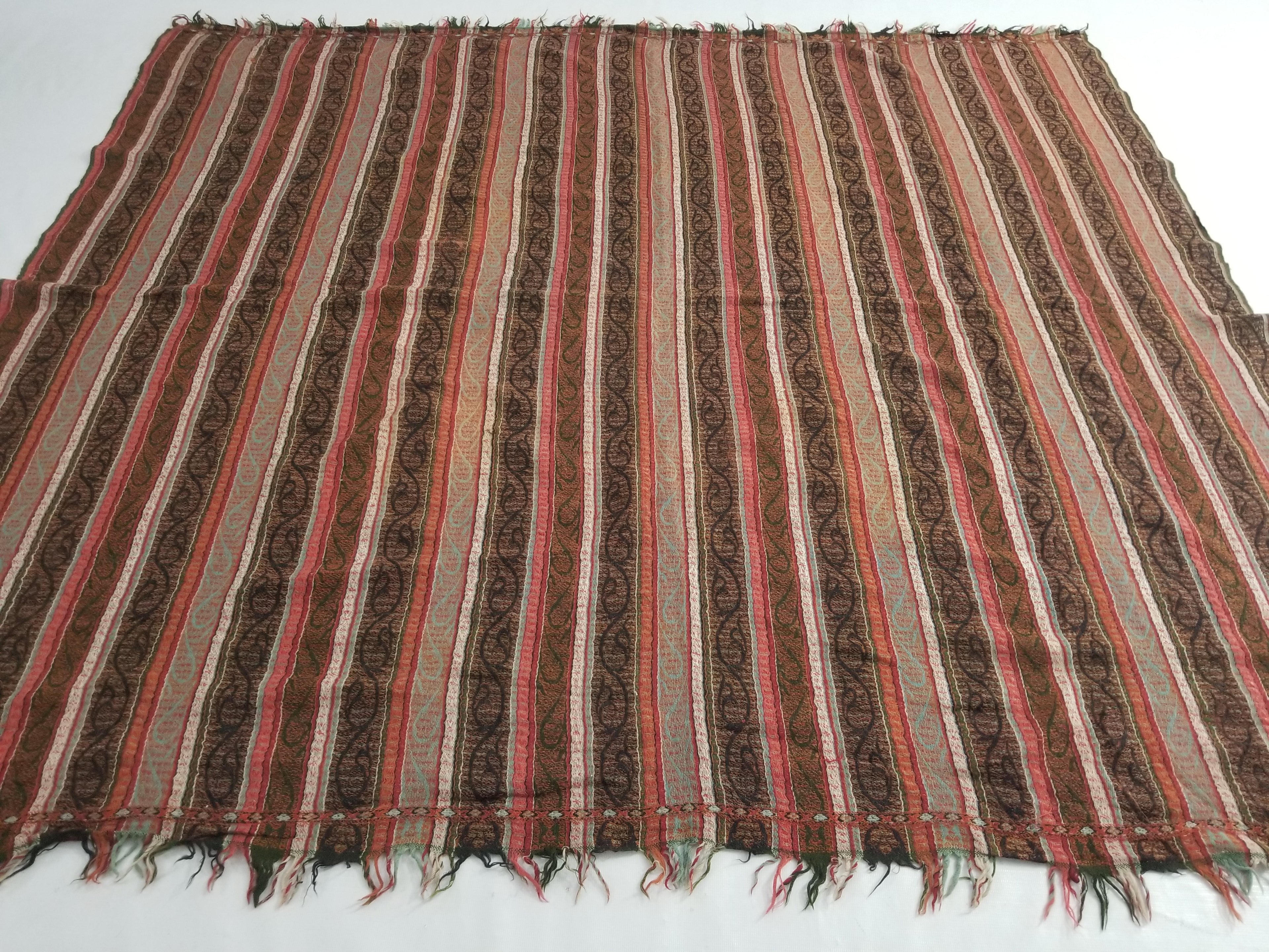 Vintage Traditional Earth Tone Striped Paisley Shawl with Fringe Edges 140x123cm