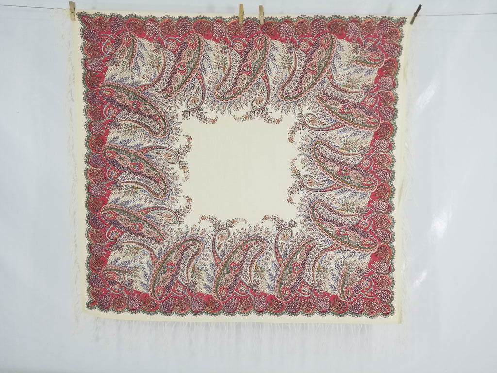 Vintage Traditional Kashmiri Style Printed Paisley Shawl with Fringe 133x125cm