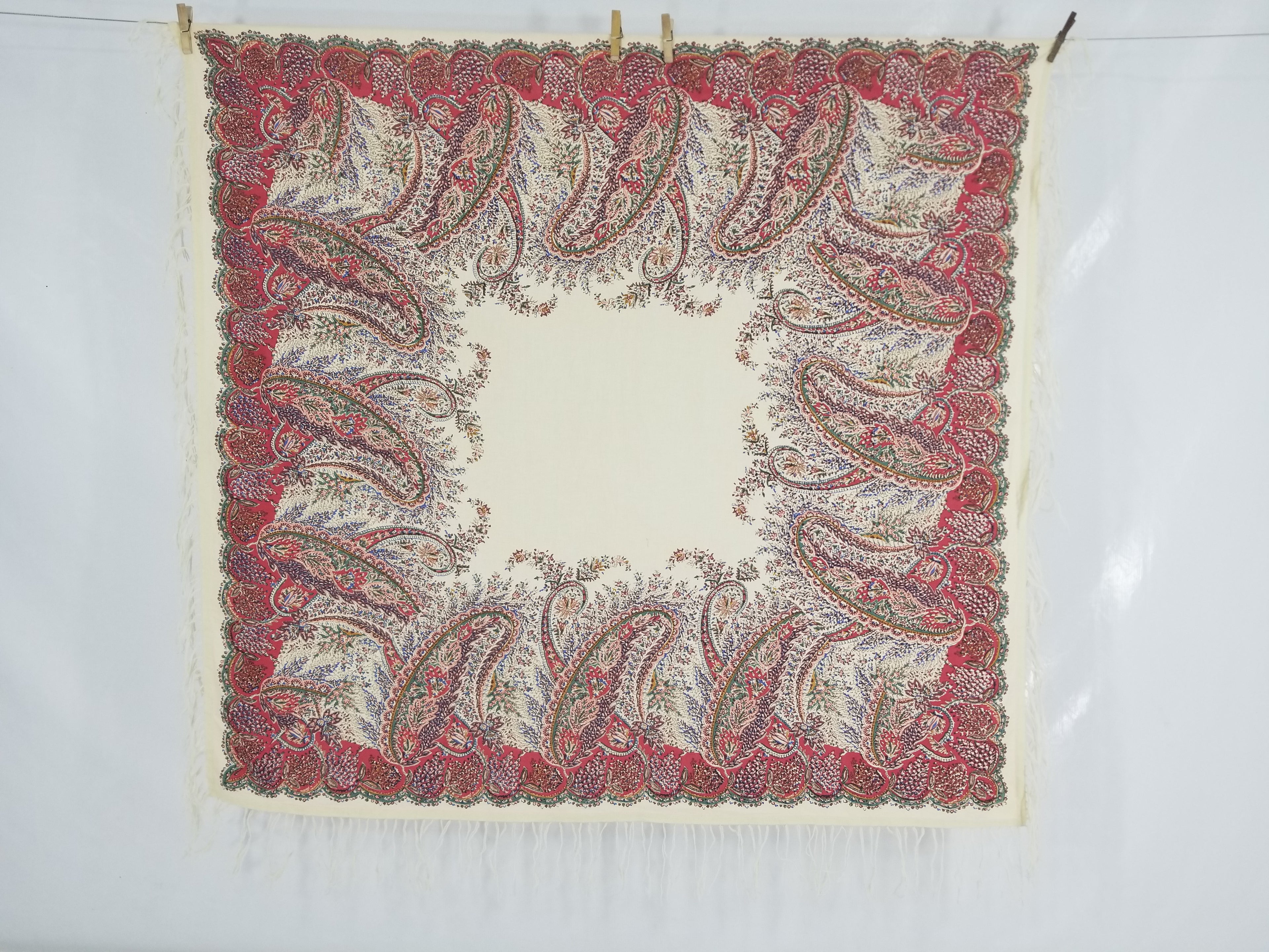 Vintage Traditional Kashmiri Style Printed Paisley Shawl with Fringe 133x125cm