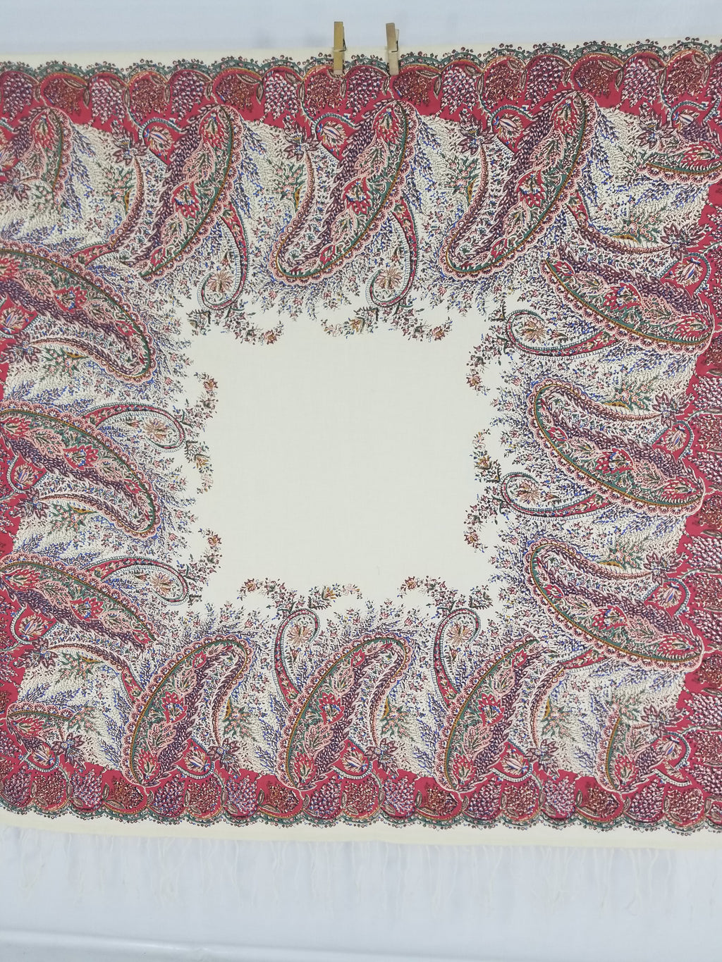 Vintage Traditional Kashmiri Style Printed Paisley Shawl with Fringe 133x125cm