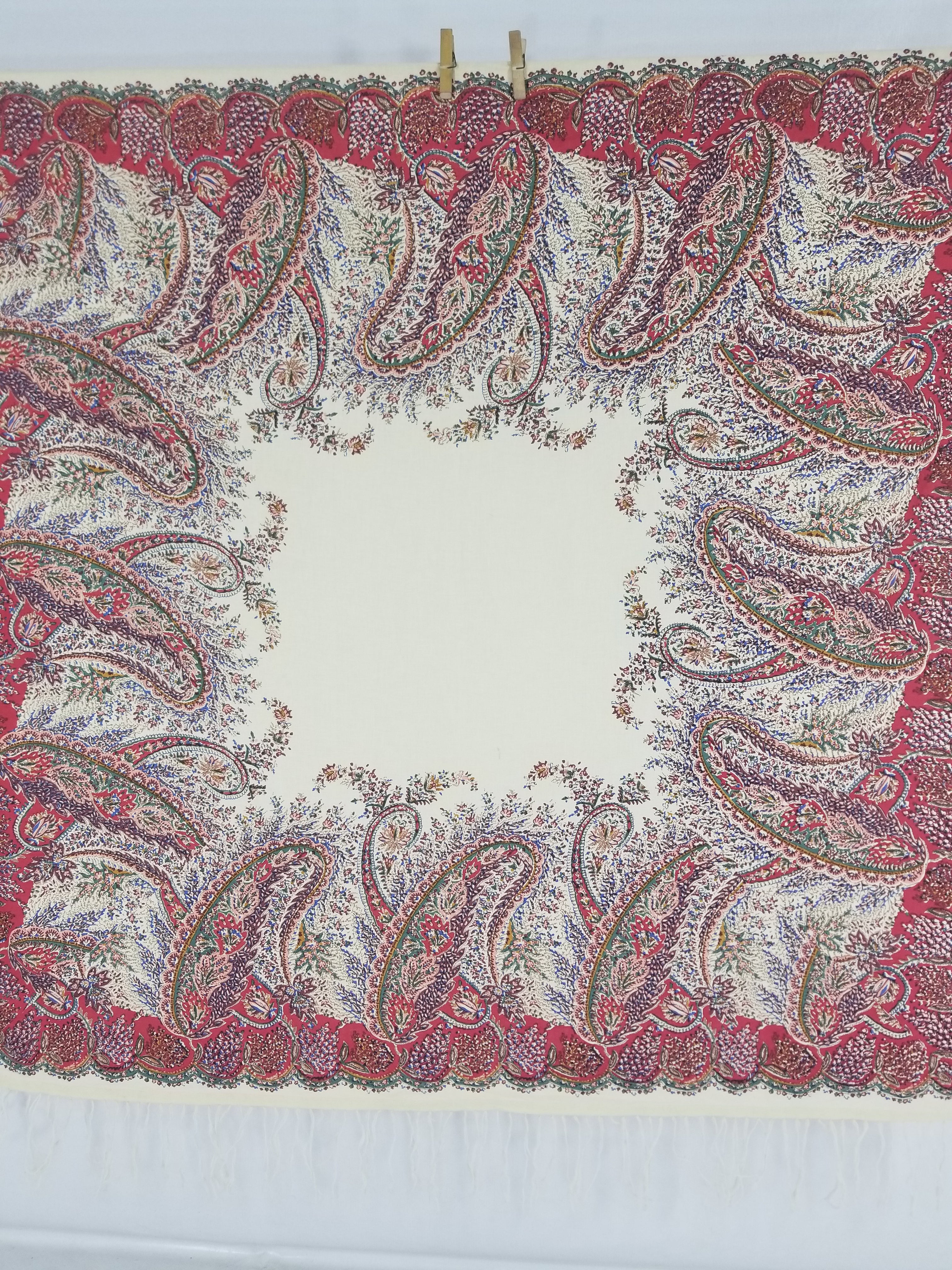 Vintage Traditional Kashmiri Style Printed Paisley Shawl with Fringe 133x125cm