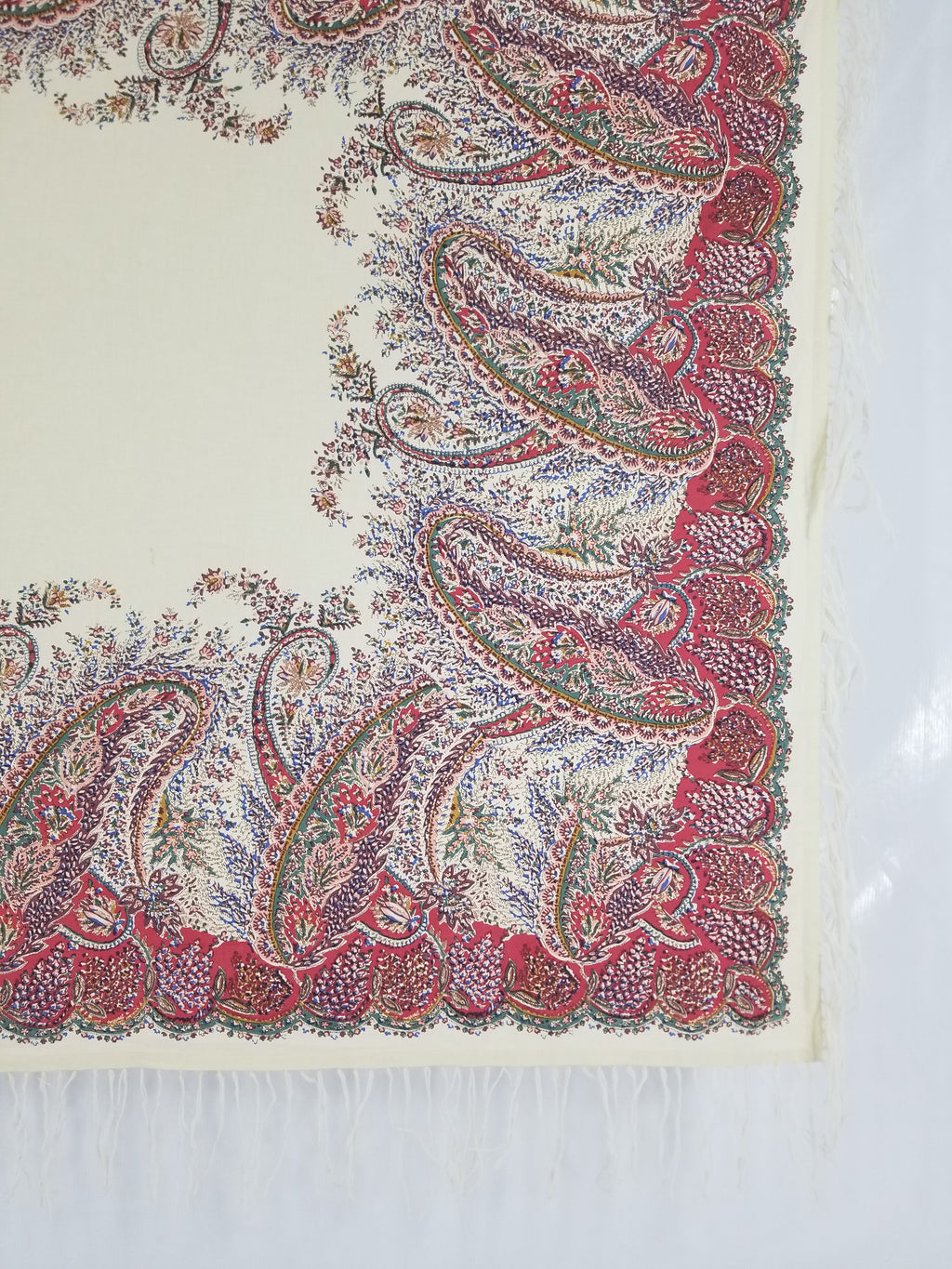 Vintage Traditional Kashmiri Style Printed Paisley Shawl with Fringe 133x125cm