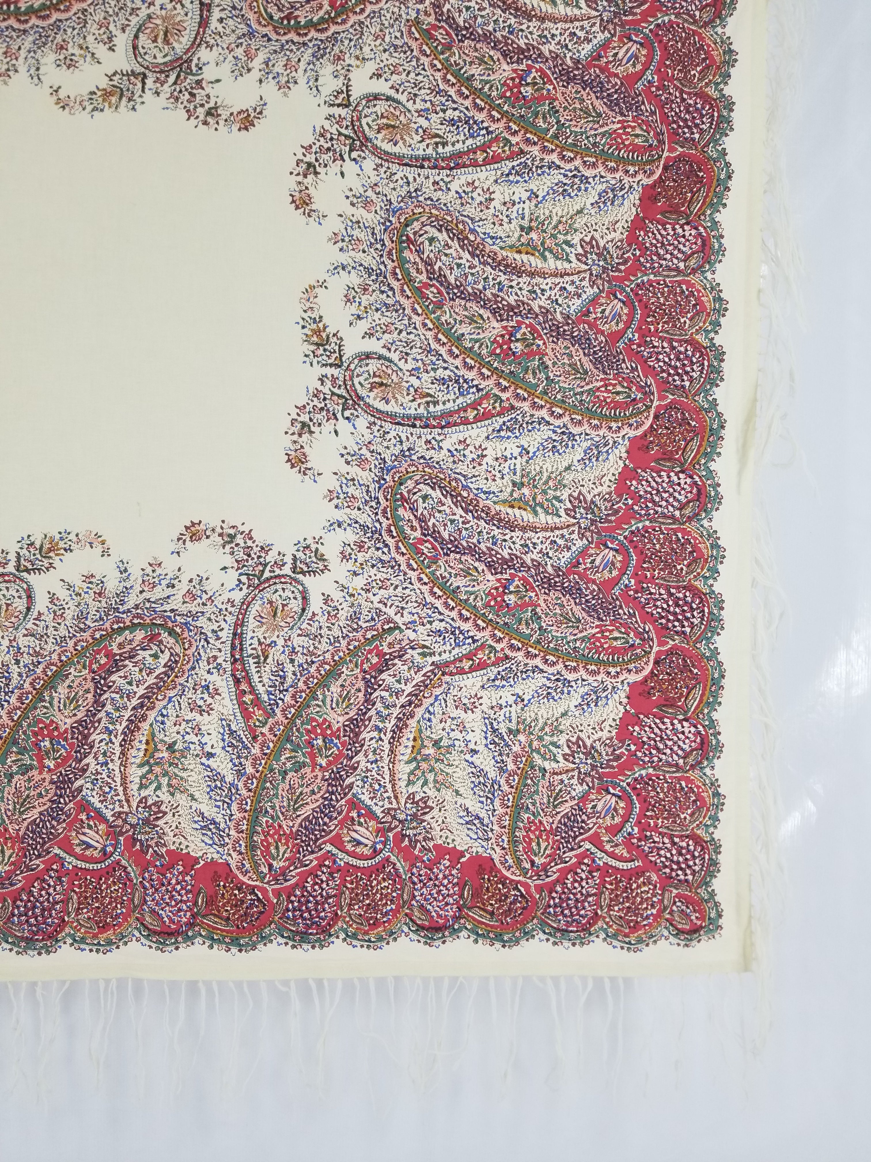 Vintage Traditional Kashmiri Style Printed Paisley Shawl with Fringe 133x125cm