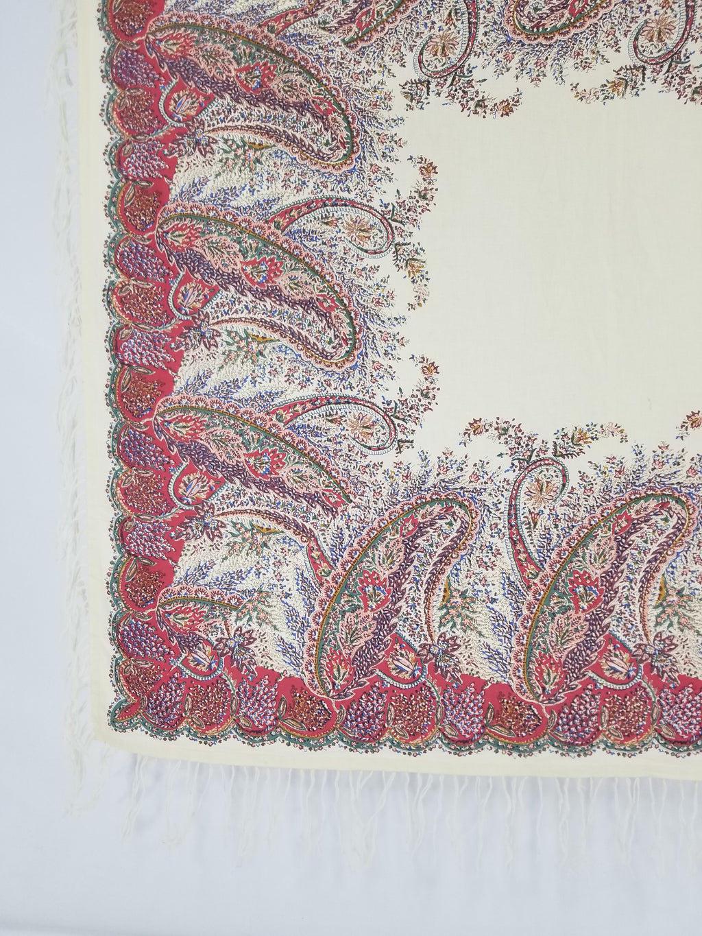 Vintage Traditional Kashmiri Style Printed Paisley Shawl with Fringe 133x125cm