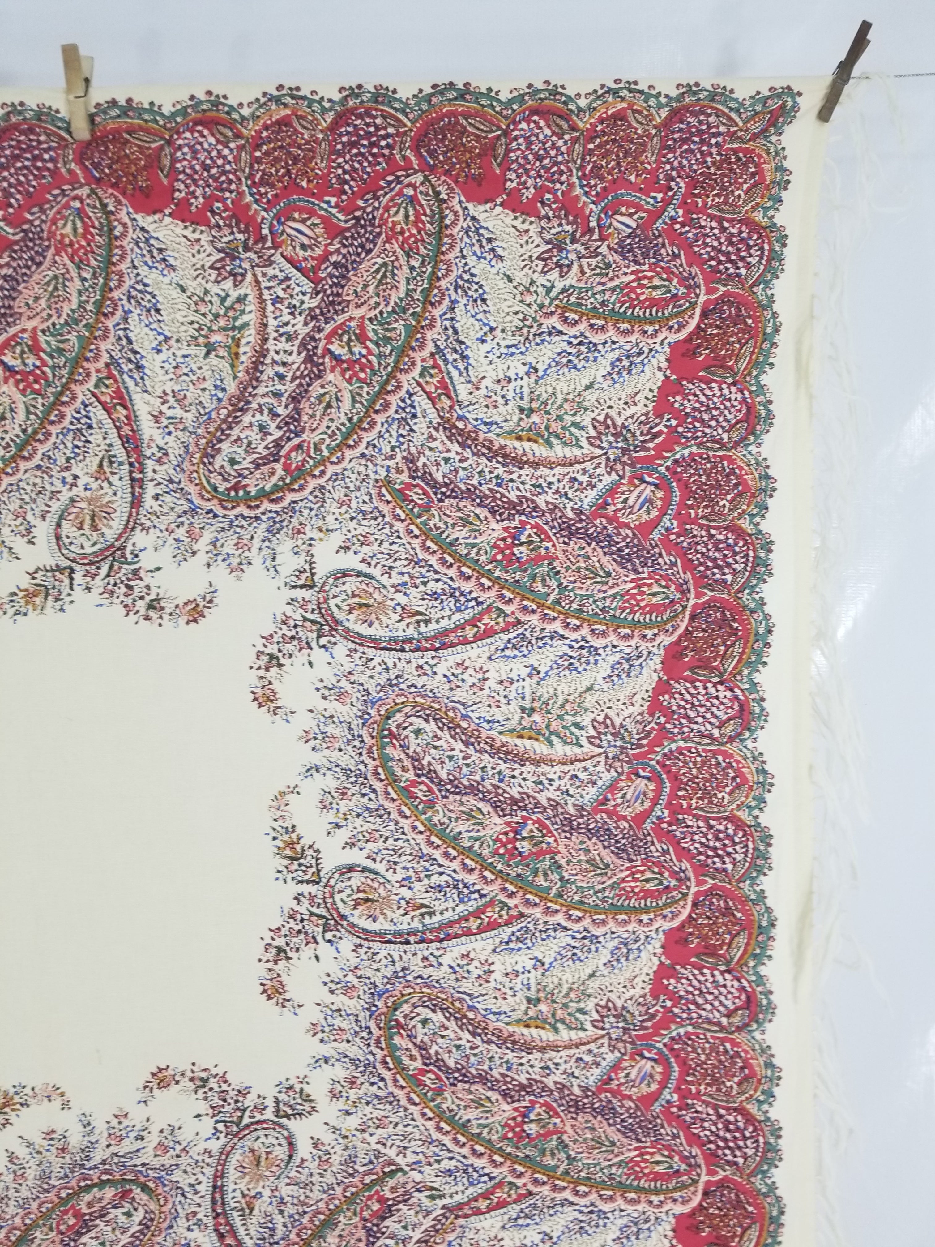 Vintage Traditional Kashmiri Style Printed Paisley Shawl with Fringe 133x125cm