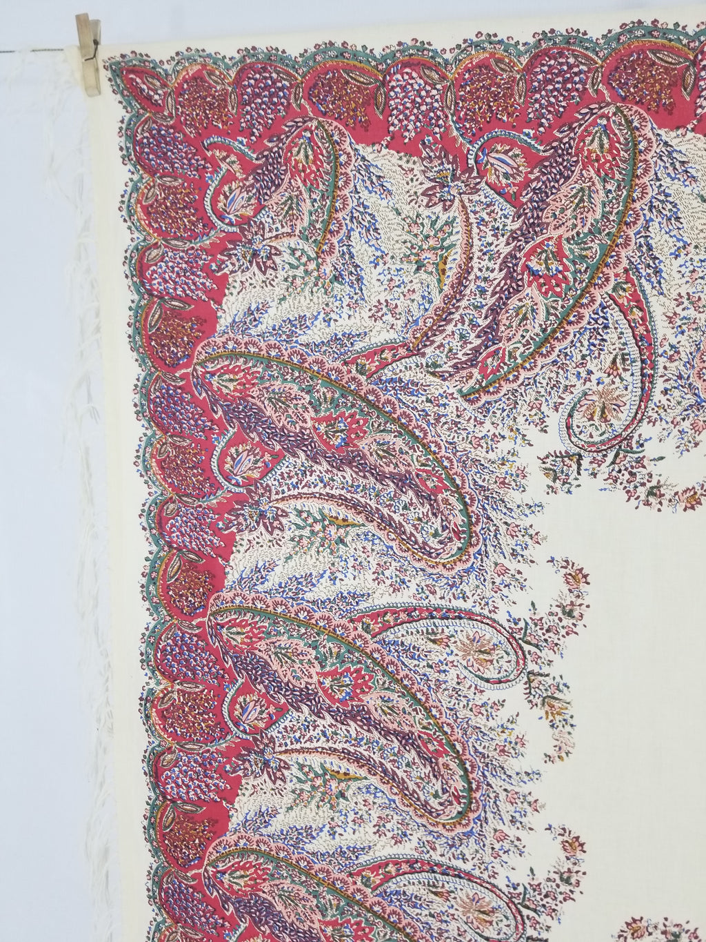 Vintage Traditional Kashmiri Style Printed Paisley Shawl with Fringe 133x125cm