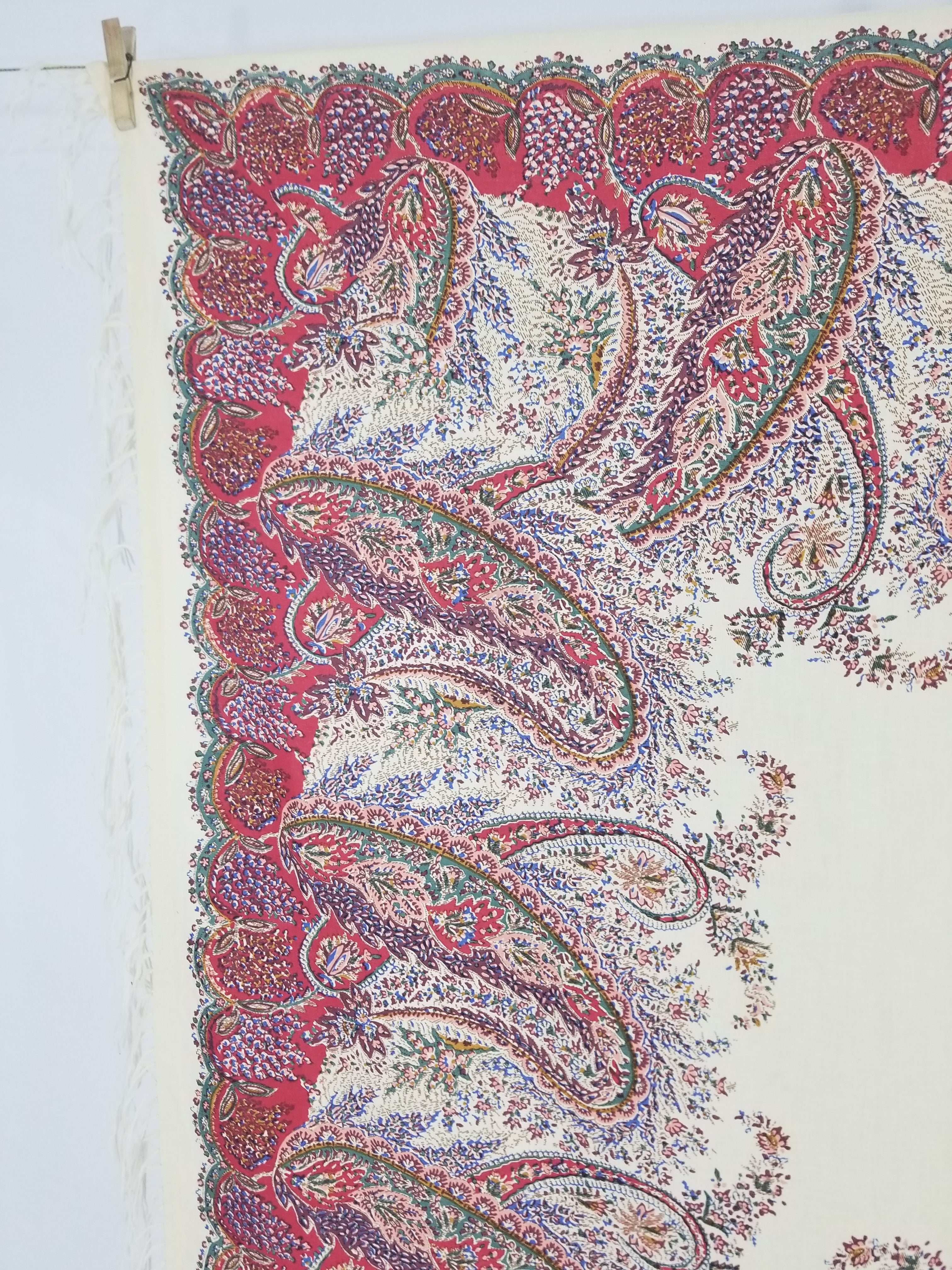 Vintage Traditional Kashmiri Style Printed Paisley Shawl with Fringe 133x125cm