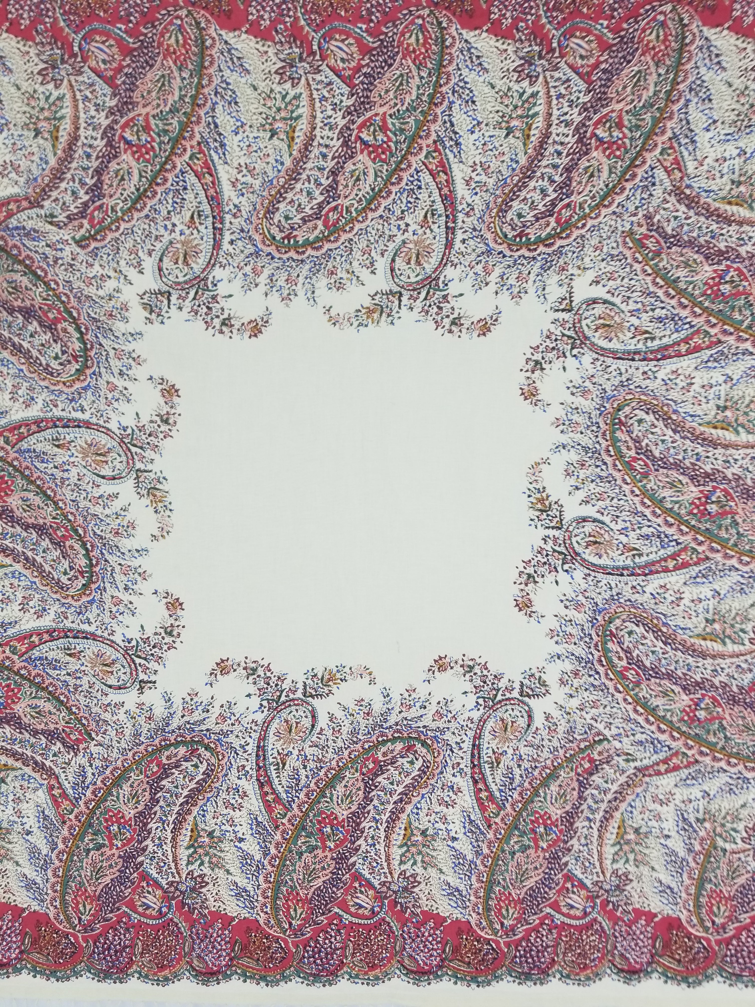 Vintage Traditional Kashmiri Style Printed Paisley Shawl with Fringe 133x125cm