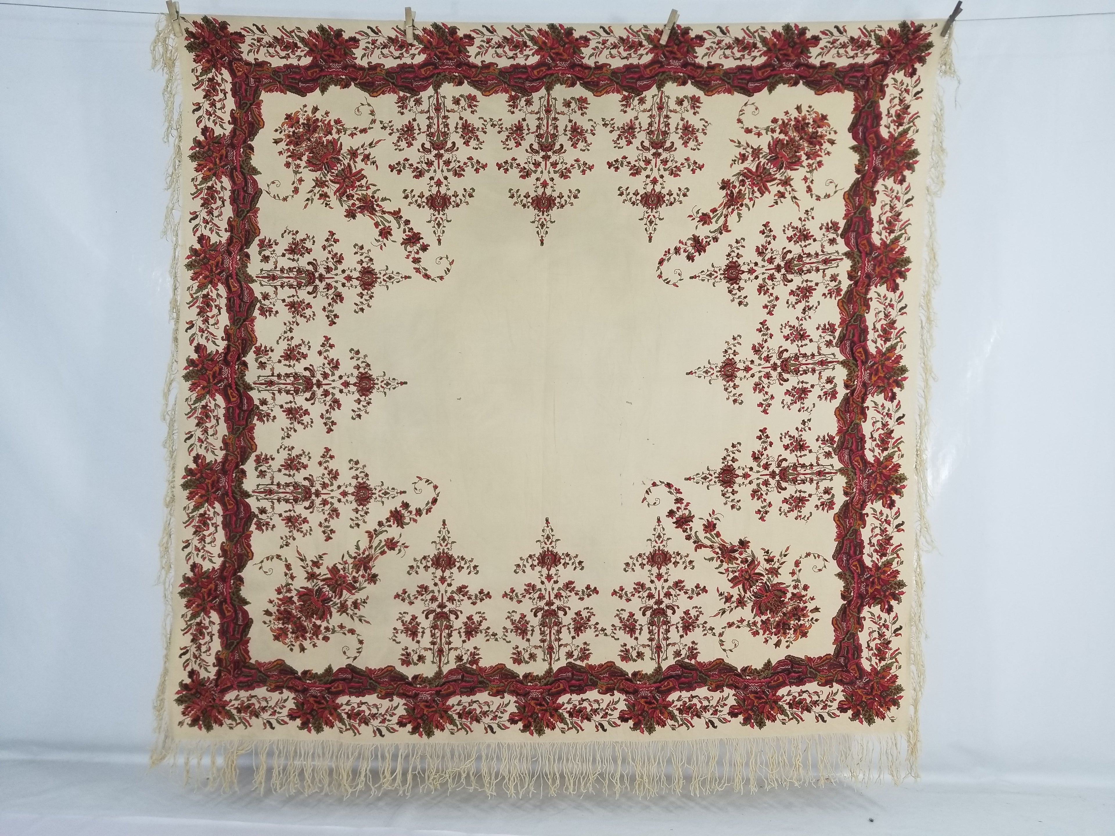 Vintage Traditional Floral Border Printed Multicolor Shawl with Fringe 154x148cm