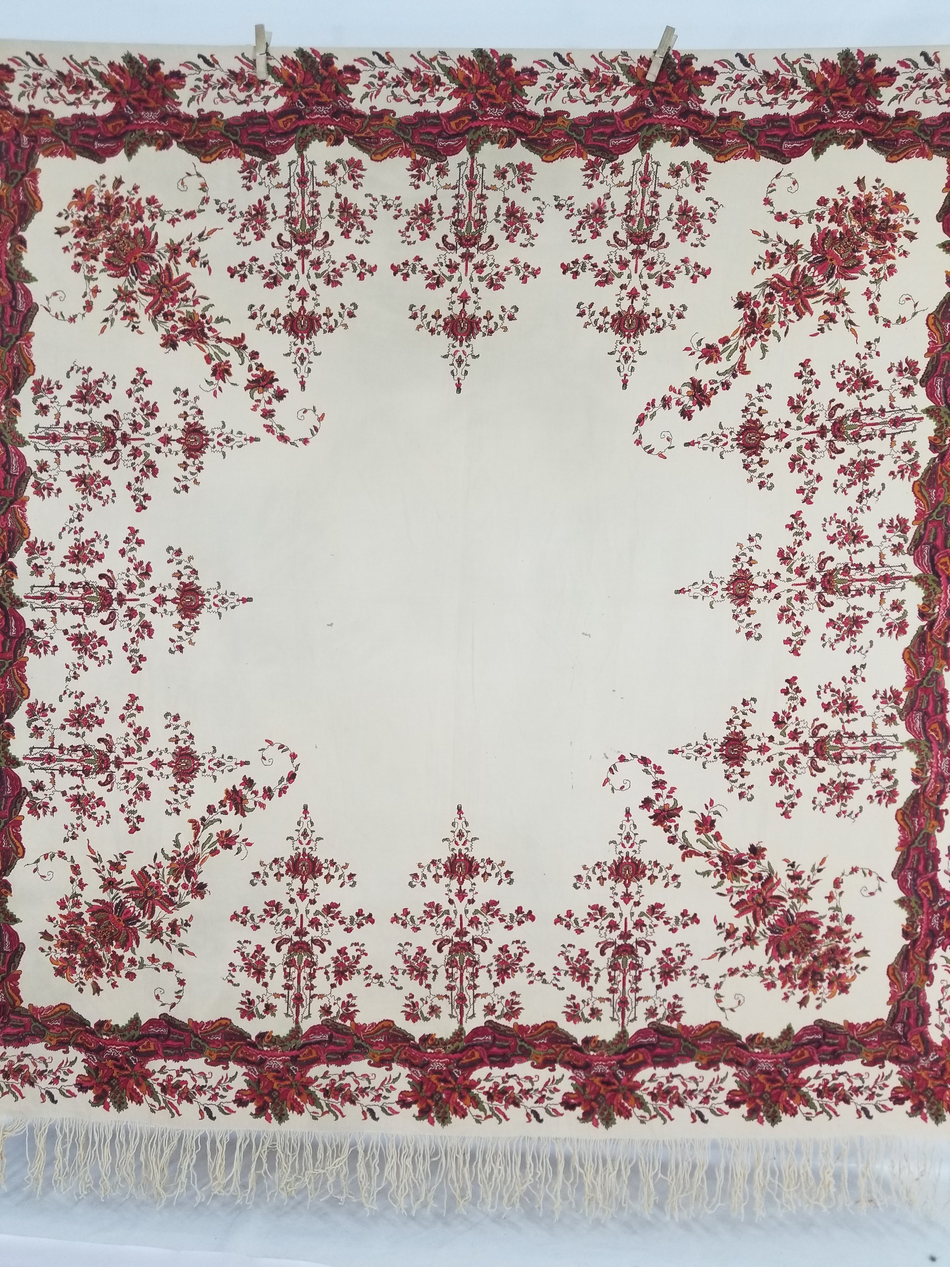 Vintage Traditional Floral Border Printed Multicolor Shawl with Fringe 154x148cm