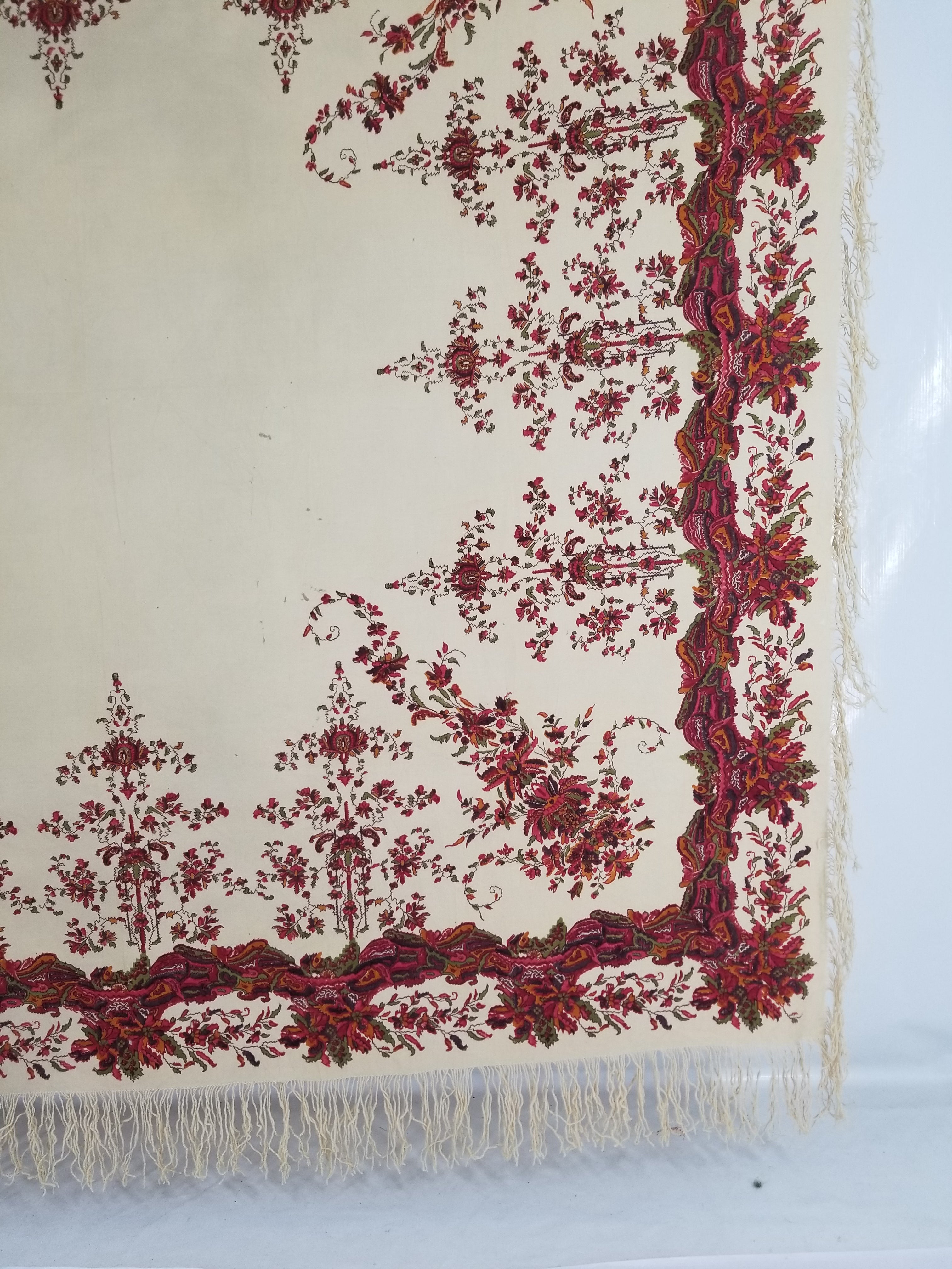 Vintage Traditional Floral Border Printed Multicolor Shawl with Fringe 154x148cm
