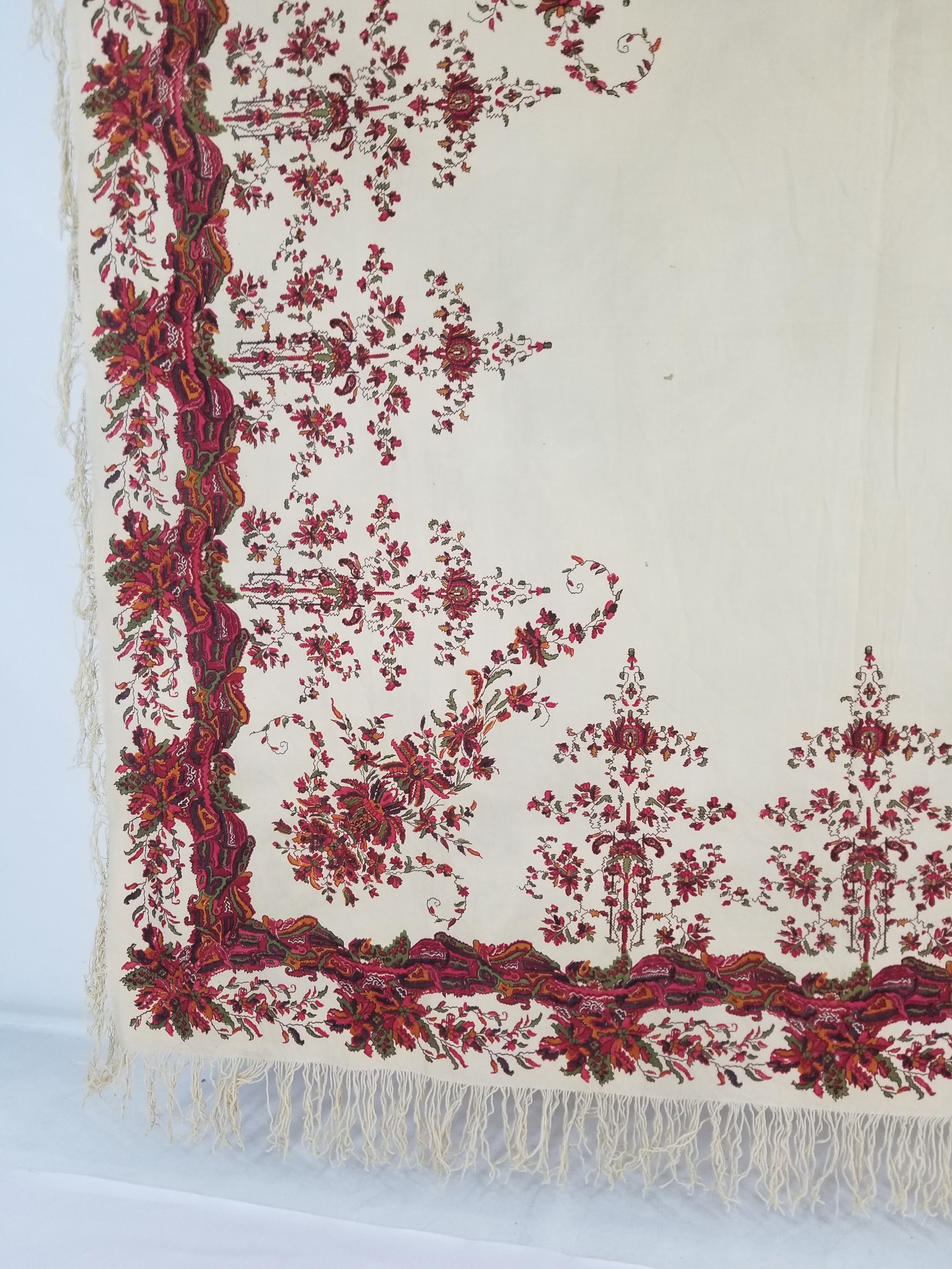 Vintage Traditional Floral Border Printed Multicolor Shawl with Fringe 154x148cm