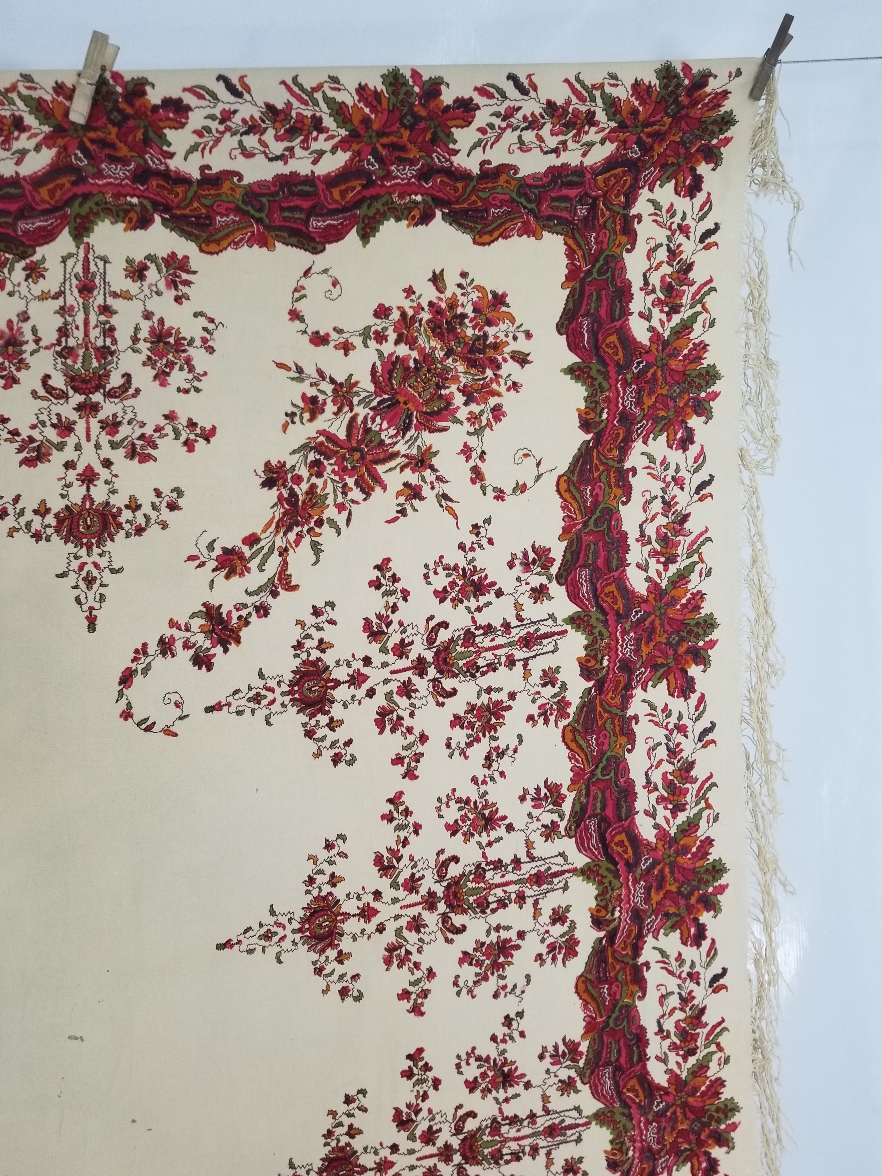 Vintage Traditional Floral Border Printed Multicolor Shawl with Fringe 154x148cm