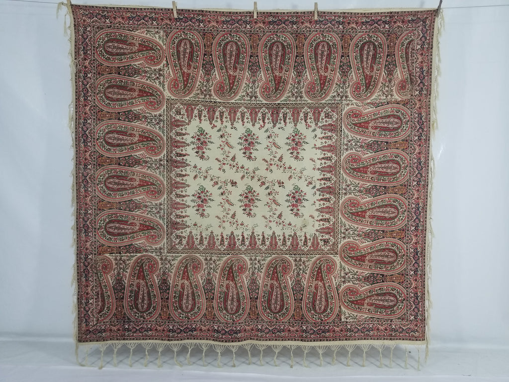 Vintage Traditional Kashmiri Style Printed Paisley Shawl with Fringe 166x153cm