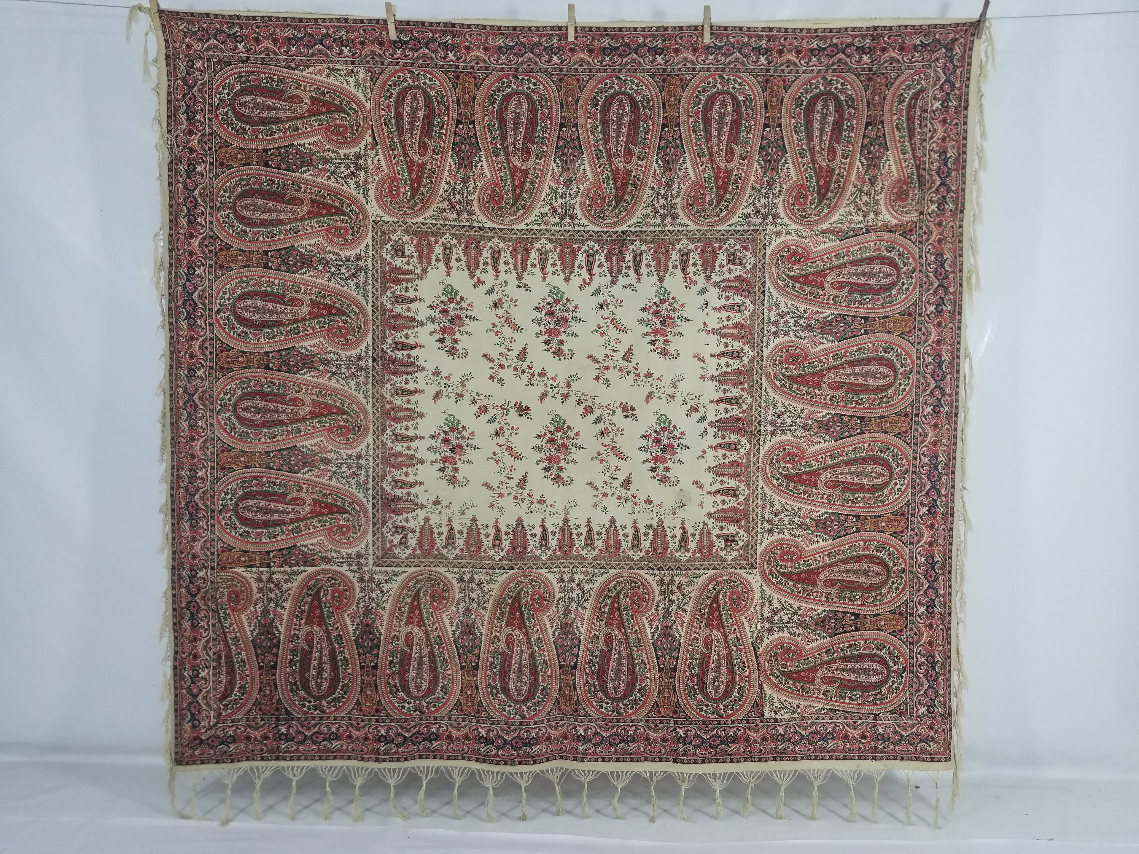 Vintage Traditional Kashmiri Style Printed Paisley Shawl with Fringe 166x153cm