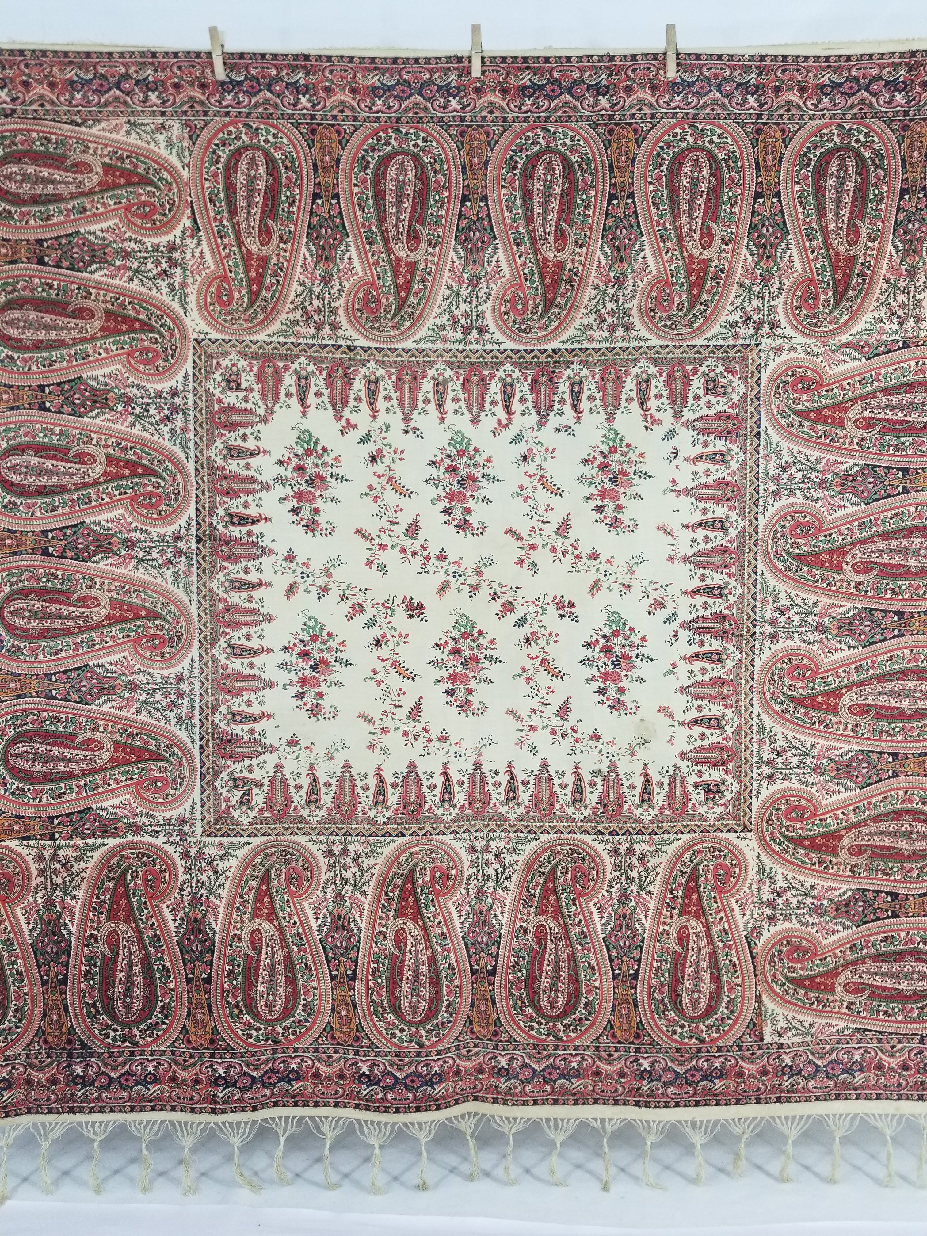 Vintage Traditional Kashmiri Style Printed Paisley Shawl with Fringe 166x153cm