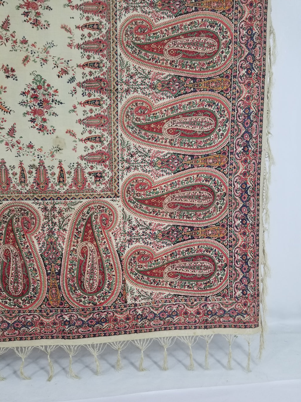 Vintage Traditional Kashmiri Style Printed Paisley Shawl with Fringe 166x153cm