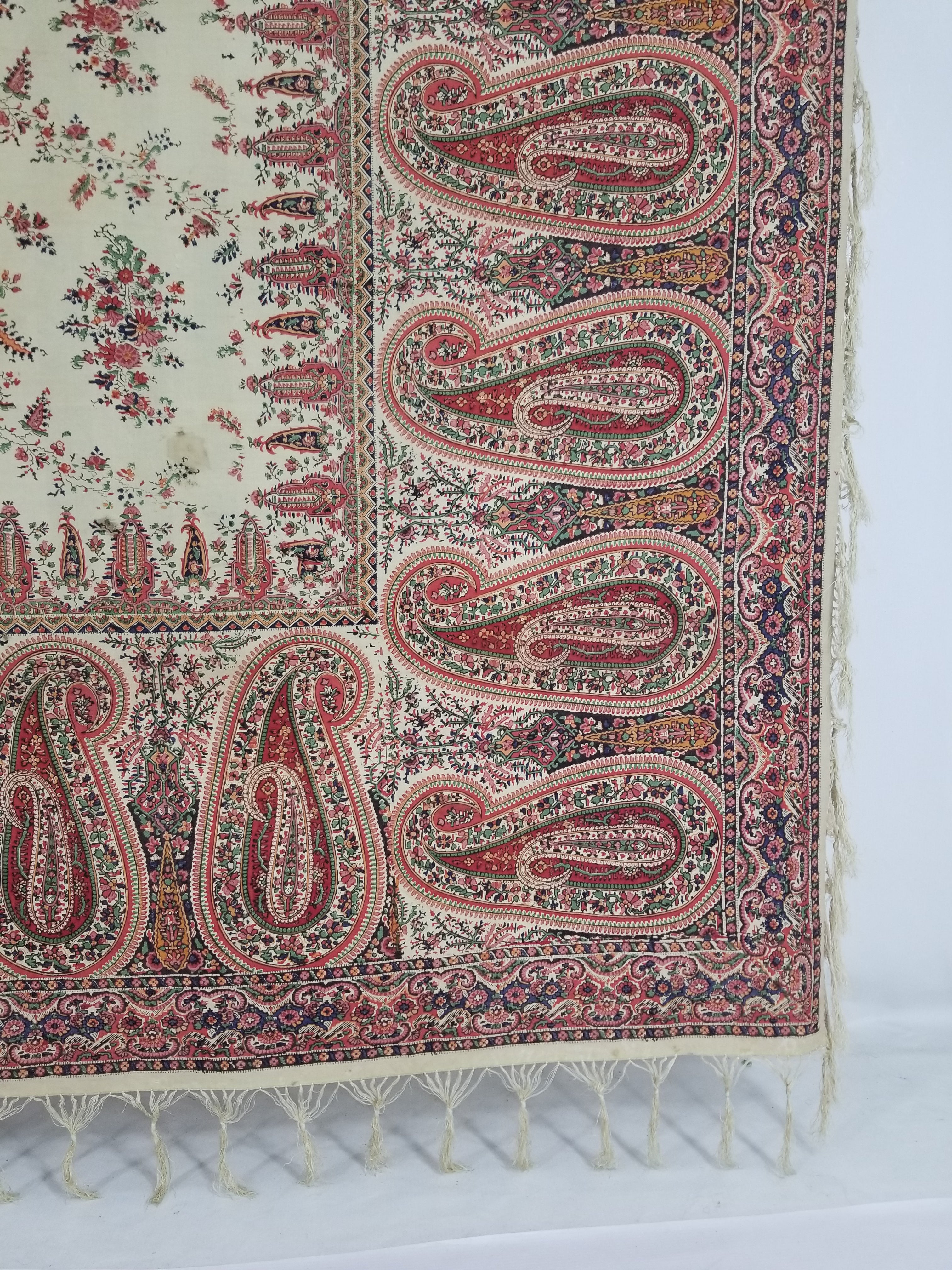 Vintage Traditional Kashmiri Style Printed Paisley Shawl with Fringe 166x153cm