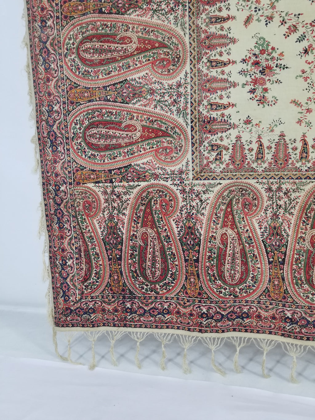 Vintage Traditional Kashmiri Style Printed Paisley Shawl with Fringe 166x153cm