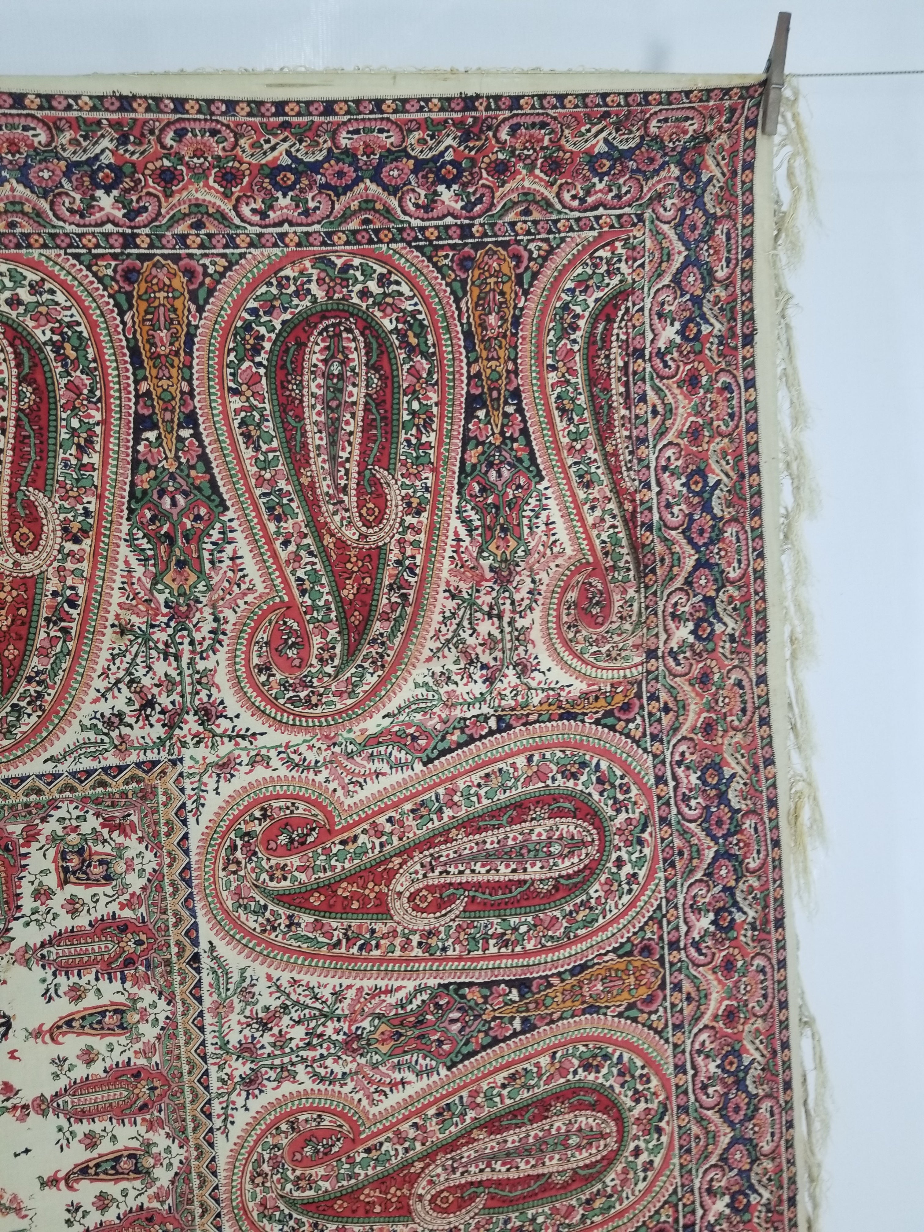 Vintage Traditional Kashmiri Style Printed Paisley Shawl with Fringe 166x153cm
