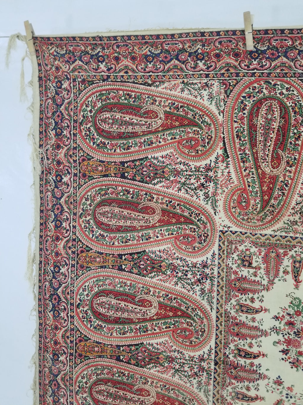 Vintage Traditional Kashmiri Style Printed Paisley Shawl with Fringe 166x153cm