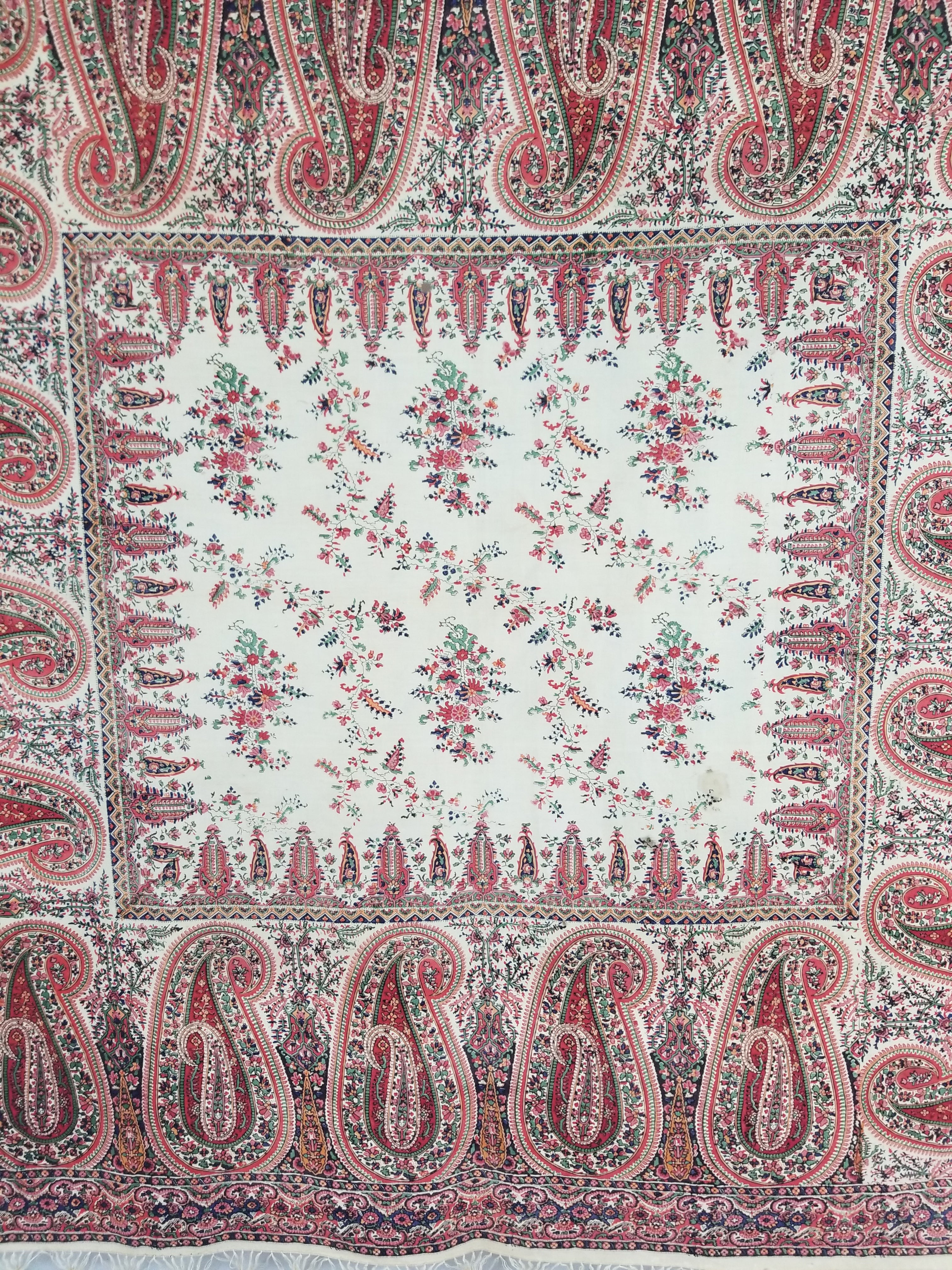 Vintage Traditional Kashmiri Style Printed Paisley Shawl with Fringe 166x153cm