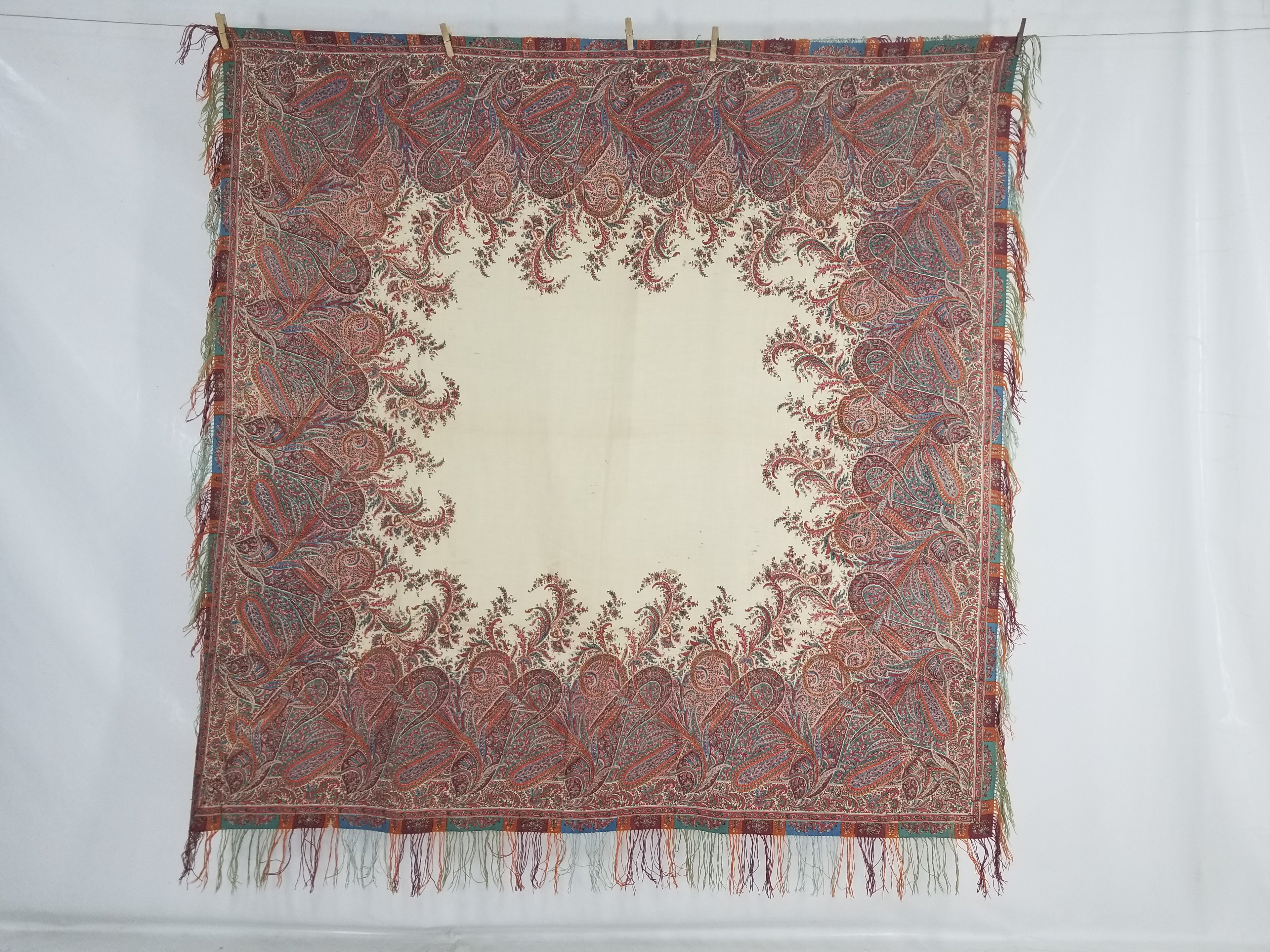 Vintage Traditional Kashmiri Style Printed Paisley Shawl with Multicolor Fringe 171x170cm
